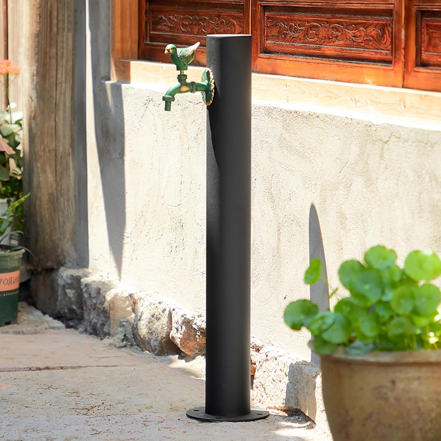 Black Stainless Steel Outdoor Water Column - 34in Vertical Garden Fountain, Durable Antifreeze Faucet for Yard Decor, Cylindrical Design, Weather Resistant
