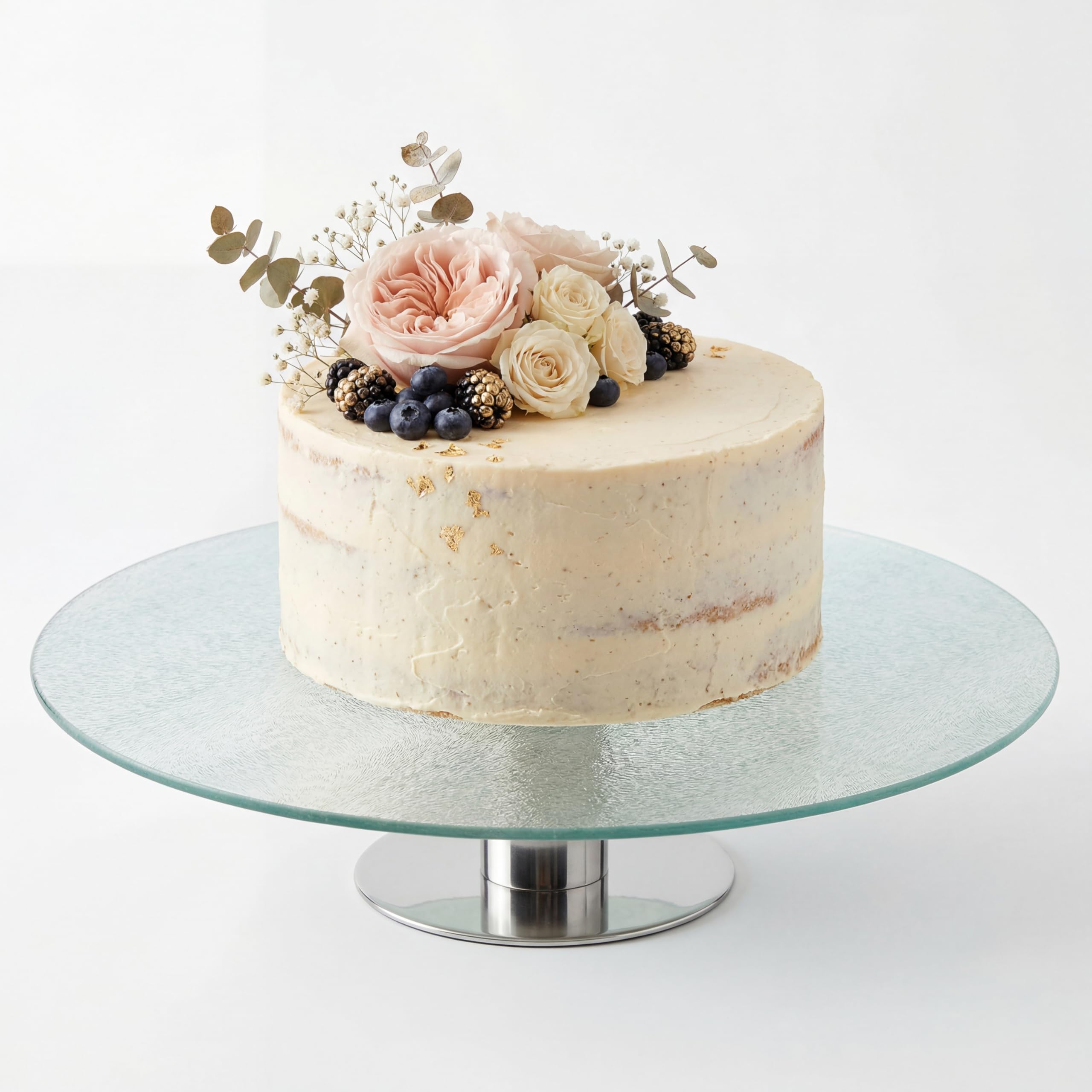 Geezy Silver Rotating Glass Cake Stand Serving Plate Revolving Cupcake Decorating Cup Cake Turntable Round Stainless Steel Display Perfect For Cake Decoration Icing Cream Fondant Baking Afternoon Tea 30Cm