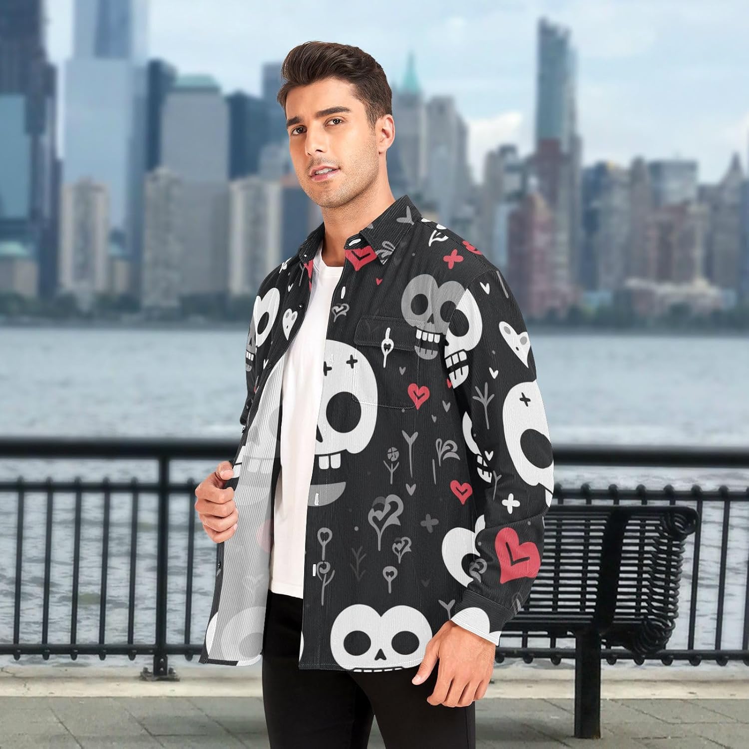 Funny Skull Heart Black Woolen Cord Fabric Mens Rugby Shirts Long Sleeve for Women Sports with Pockets
