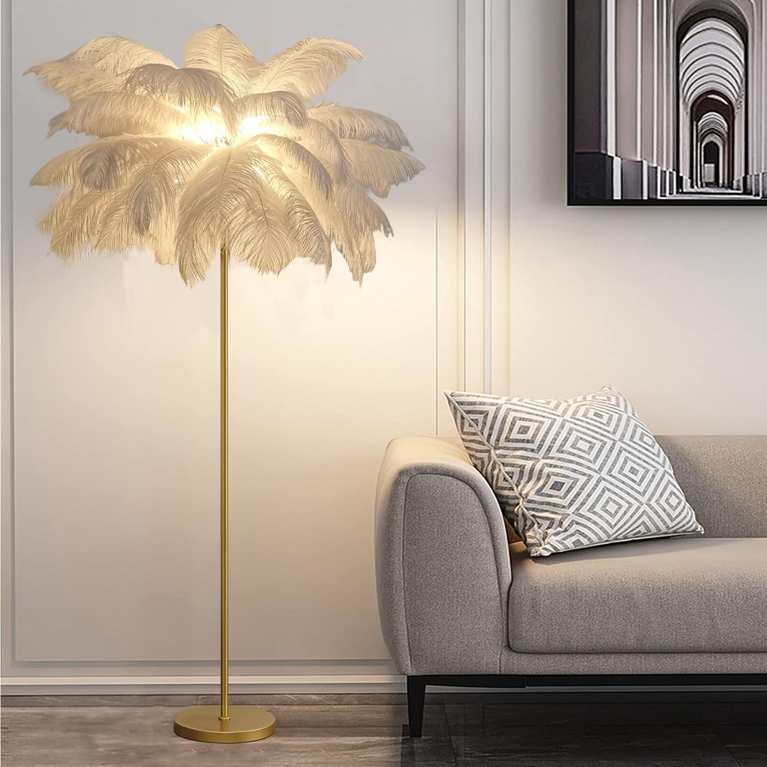 LDIEUWUET Ostrich Feather Lamps Floor Lamp for Living Room, Feather Standing Floor Lamp,with Light Sources,Romantic Tall Bedside Ostrich Lamps for Bedrooms Feather Light (62.99in)(White)