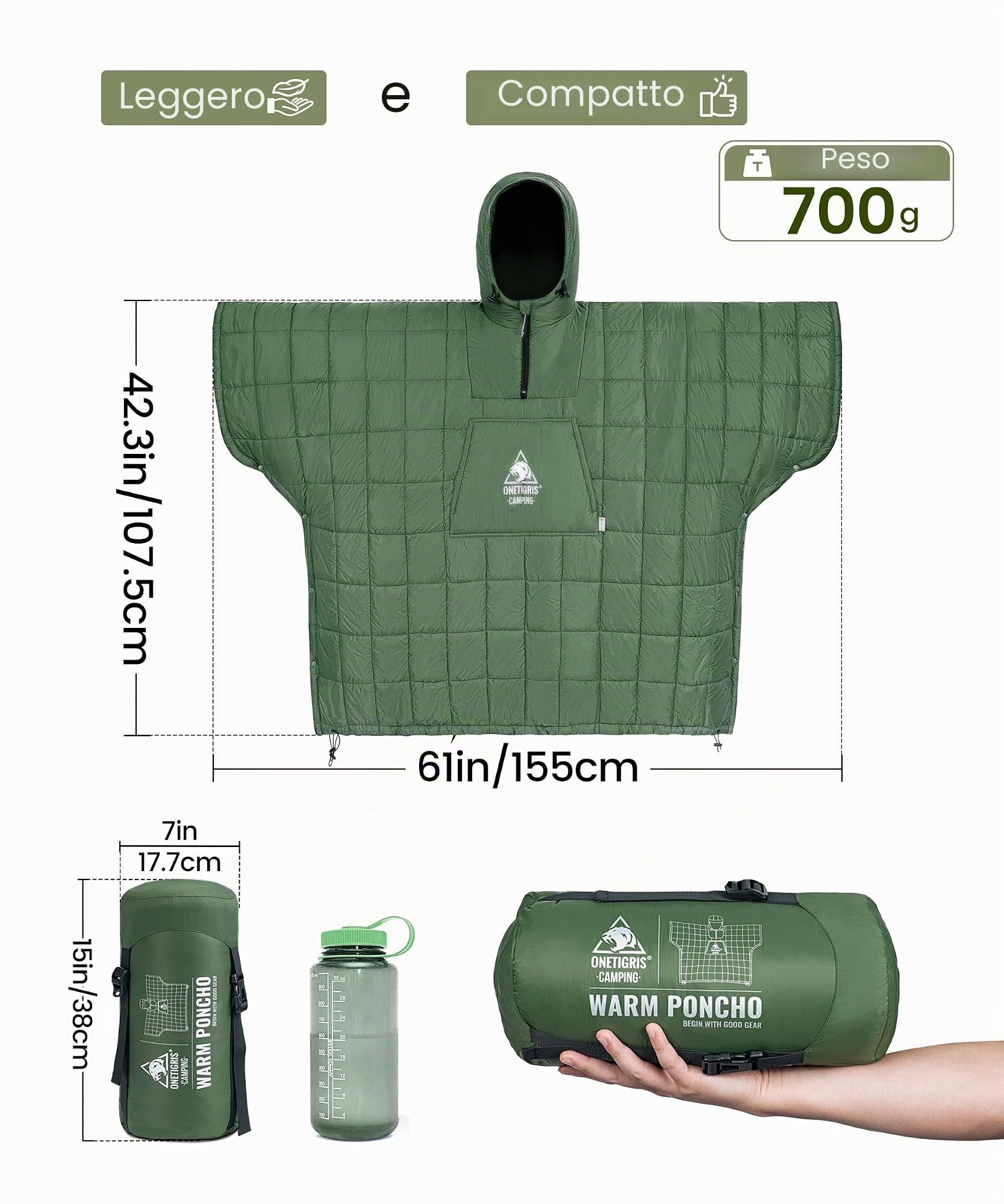 OneTigris Coperta da campeggio con isolamento Thinsulate 3M, coperta impermeabile calda, con grandi tasche, coperta con cappuccio portatile per attività all'aperto, escursionismo, viaggio