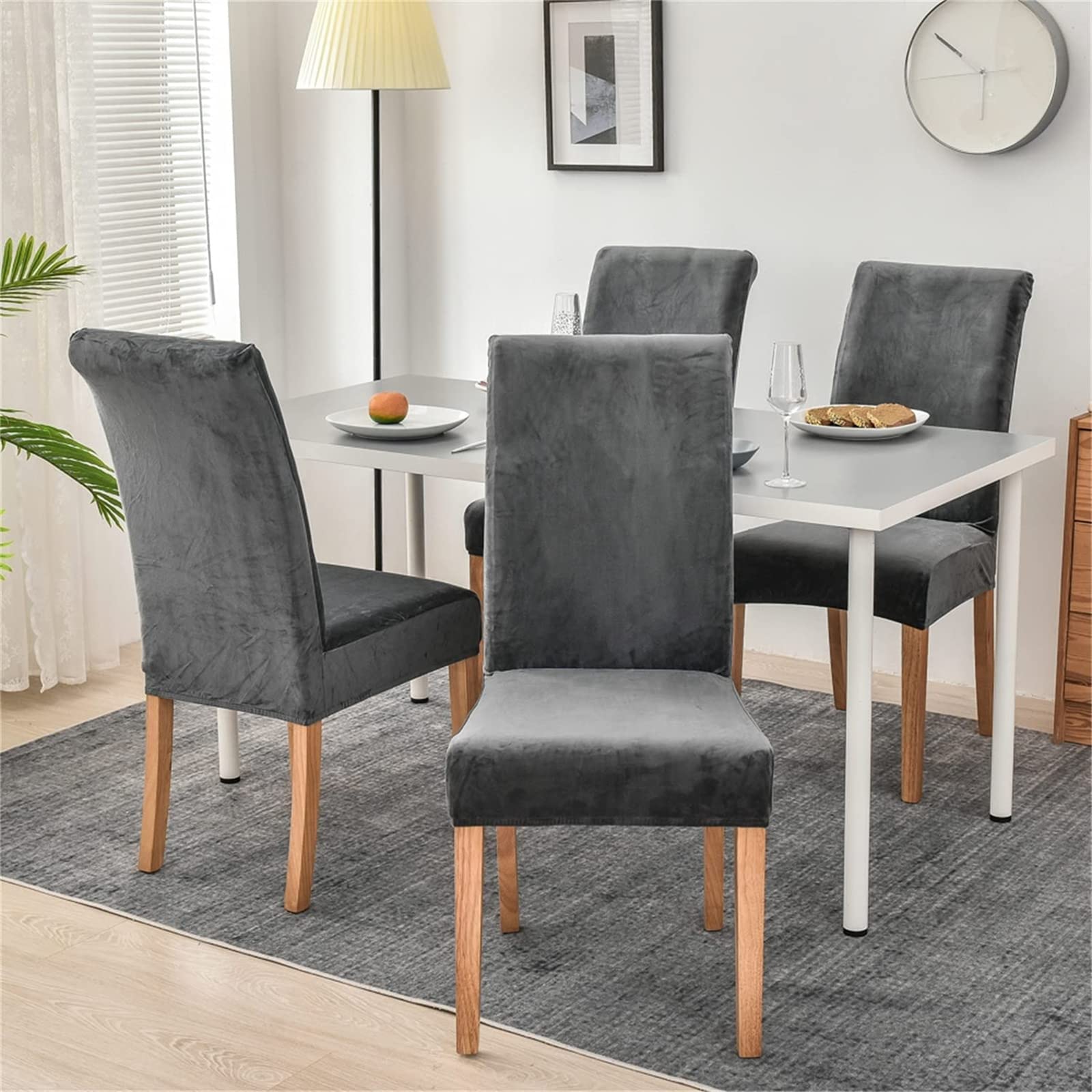 Coprisedia con Schienale Elasticizzate, Copertura della Sedia, Coprisedili da Pranzo Antiscivolo Rimovibile, Fodere Sedie con Schienale, Decorazione per Matrimoni, Banchetti (Set di 6,Grigio scuro)