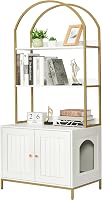 Homhedy Hidden Cat Litter Box Enclosure Furniture with 2-Tier Storage Shelves, Modern White Gold Wooden Cat Washroom Cabinet