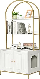 Homhedy Hidden Cat Litter Box Enclosure Furniture with 2-Tier Storage Shelves, Modern White Gold Wooden Cat Washroom Cabinet