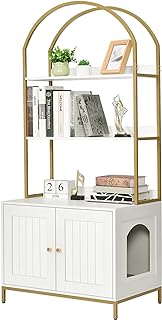 Homhedy Cat Litter Box Enclosure, Litter Box Furniture Hidden with 2-Tier Storage Shelves, Wooden Cat Washroom Furniture with Metal Frame, Modern Style, White and Gold