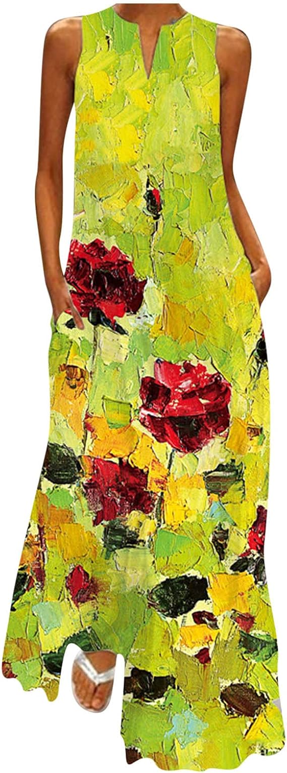 Amazon Co Jp 夏服 レディース ワンピース ロング ノースリーブ マキシワンピース ゆったり 花柄 おしゃれ ロングワンピース Vネック ファッション ワンピース ドレス マキシ丈 ロング丈 大きいサイズ 森ガール風 カジュアル 大きいサイズ リゾート 服 ファッション小物