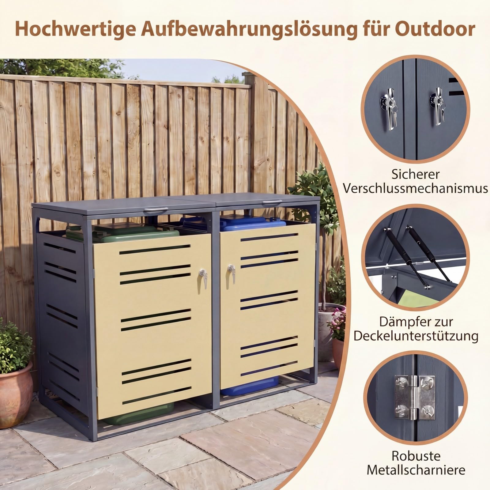GYMAX Mülltonnenbox 2er, Mülltonnenhaus für 2X Tonnen 120-240 Liter, Mülltonnenverkleidung mit abschließbarer Tür & Gasdruckfeder, Mülltonnenhäusschen, Mülleimerboxen, Aufbewahrungsbox (Grau+Gelb)