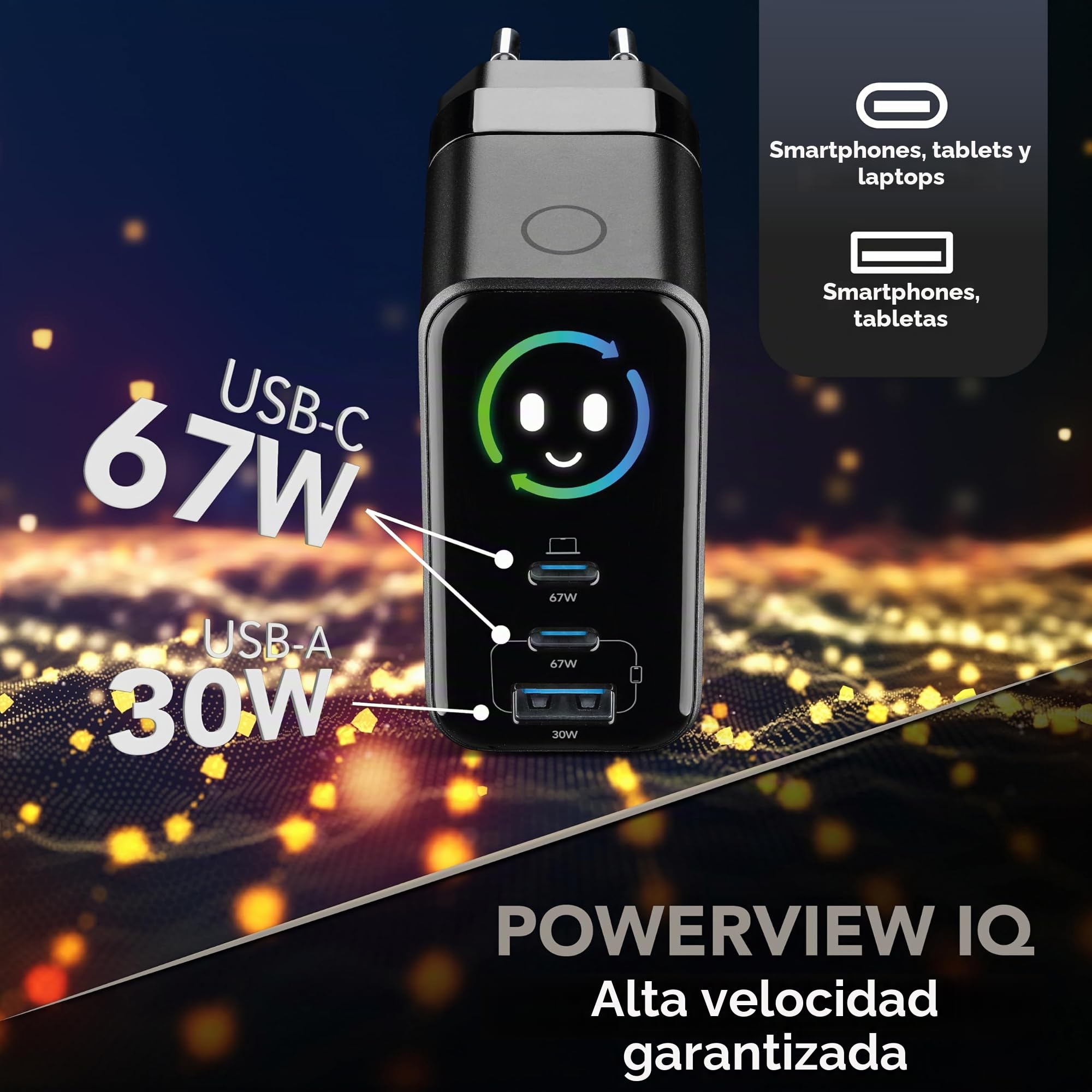 Cellularline PowerView IQ Cargador 67W con Pantalla TFT para Carga rapida y Control de Potencia en Tiempo Real, Negro