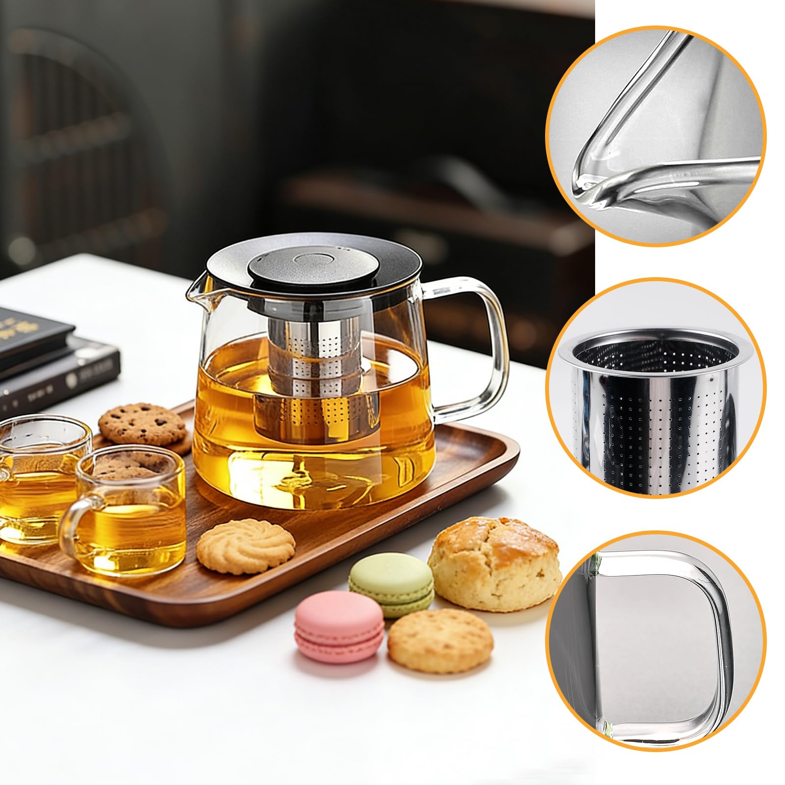 Teiera in vetro da 1500 ml, caraffa in vetro borosilicato con infusore rimovibile, lavabile in lavastoviglie, ideale per tè, caffè, tè alla frutta e tè alle erbe (nero)