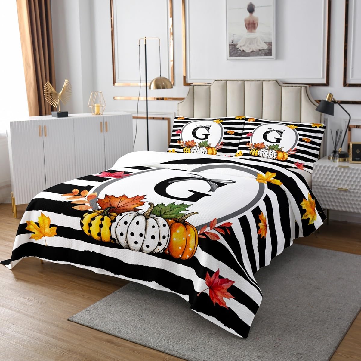 Erosebridal Fall Harvest Bedspread Set Initial Letter G Quilt Sets Queen Size for Kids Teen Adults,Thanksgiving Polka Dot Pumpkin Coverlet Sets Autumn Maple Leaf Geometric Striped Bed Set