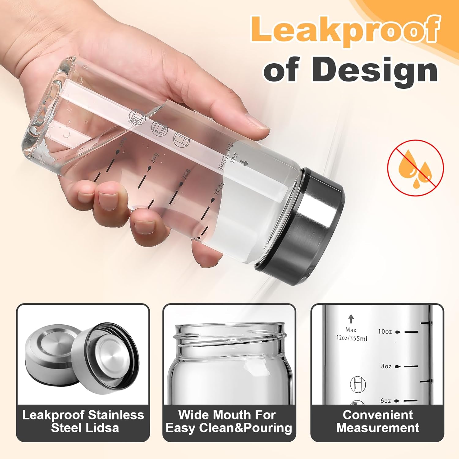 SIEROZUR Glass Juice Bottles 12oz- 6 Pack Wide Mouth Glass Bottles with Lids for Juicing Smoothies, Infused Water, Beverage Storage - BPA Free, Leakproof, Reusable, Borosilicate - Image 2