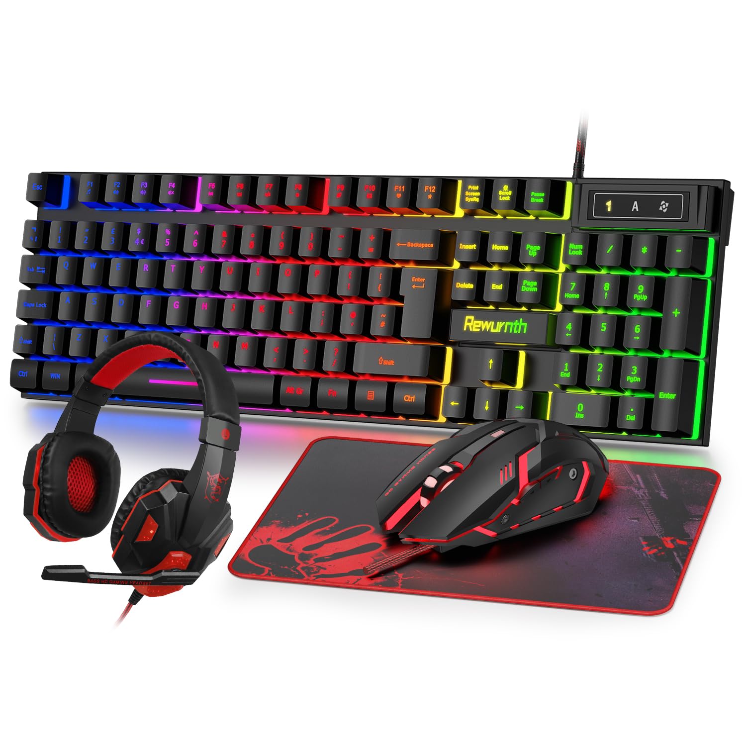 Set di tastiera e mouse da gioco con cuffie, layout UK, tastiera cablata retroilluminata RGB, mouse da gioco ergonomico a LED a 4 colori, cuffie over-ear, tappetino per mouse grande, USB Plug
