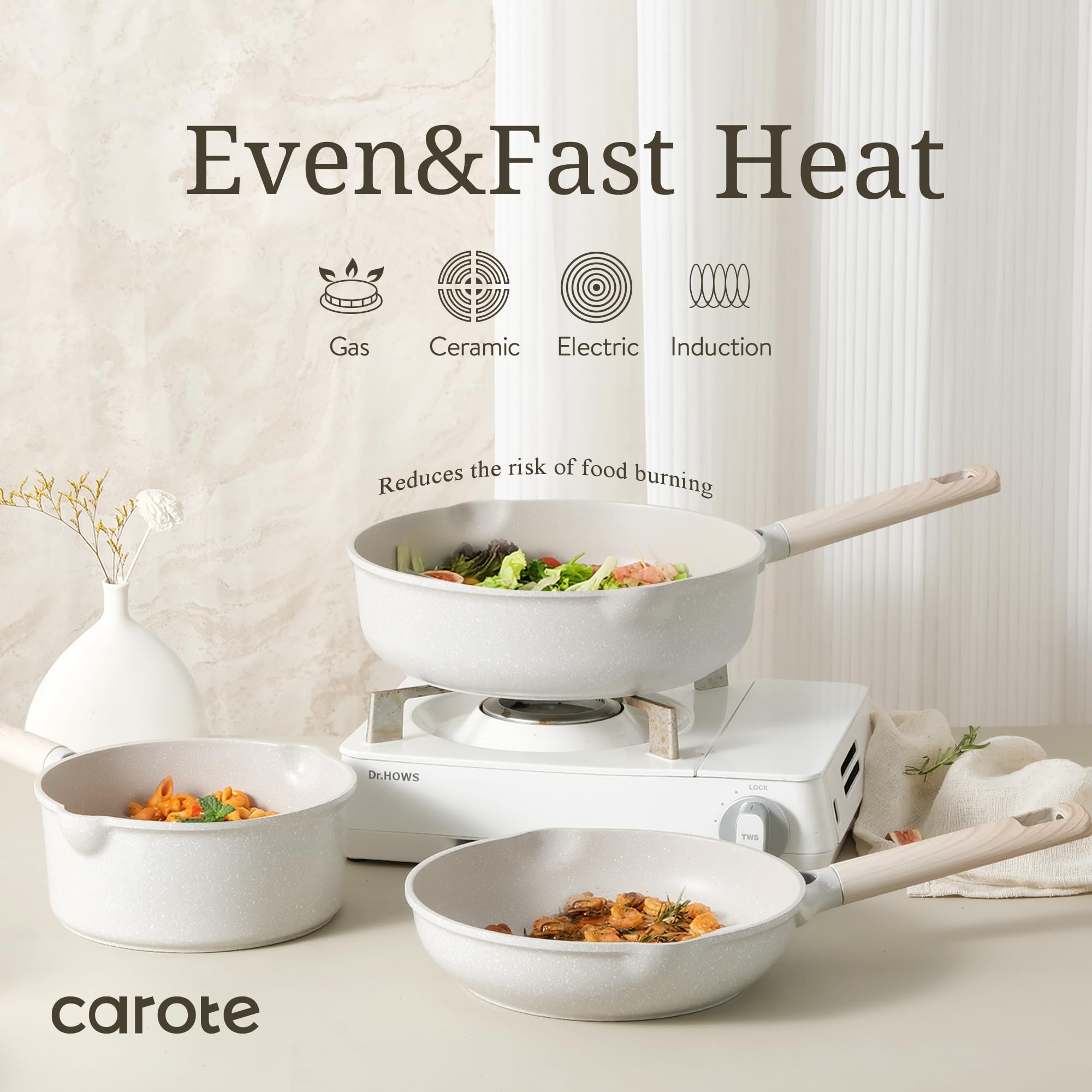 CAROTE 8pcs Pots and Pans Set, Nonstick Cookware Sets, Granite Pots Set, Kitchen Induction Pots and Pans Cooking Sets, Pan Sets for Cooking, Pans Set, Beige