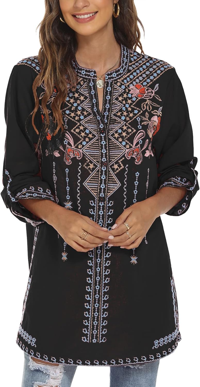 LauraKlein Mexican Shirts for Women Summer Casual Embroidered Tops Ladies Button Down Tops Peasant Tunic Loose Blouse - Image 6