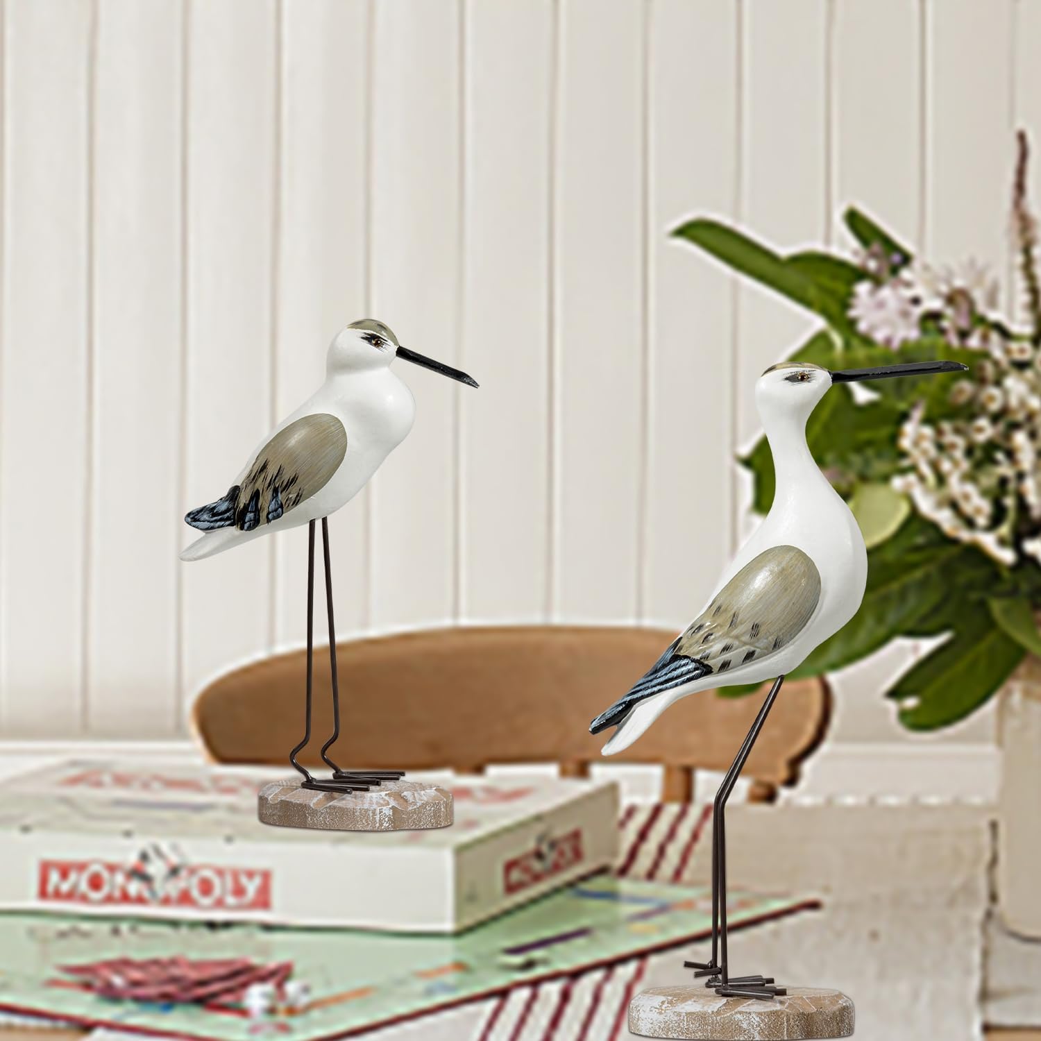 2Pcs Wooden Seagull Figurines, Mediterranean Style Bird States Ornaments for Beach,Garden, Backyard,Balcony, Living Room Decoration