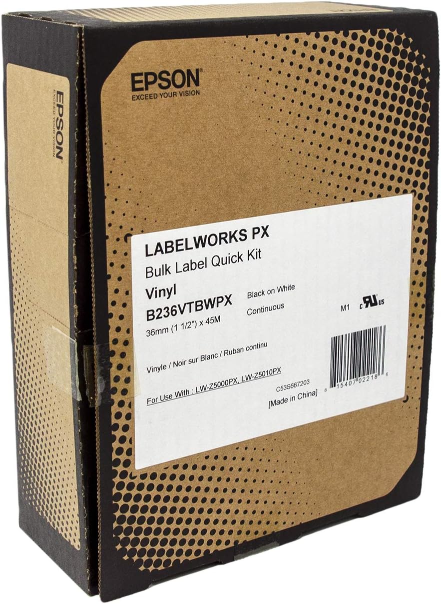 Epson LABELWORKS B236VTBWPX Genuine Bulk Continuous Vinyl Tape - Black on White Flexible and Durable Vinyl Industrial Label Maker Tape - 1.5" (36MM) Wide, 147.6 ft