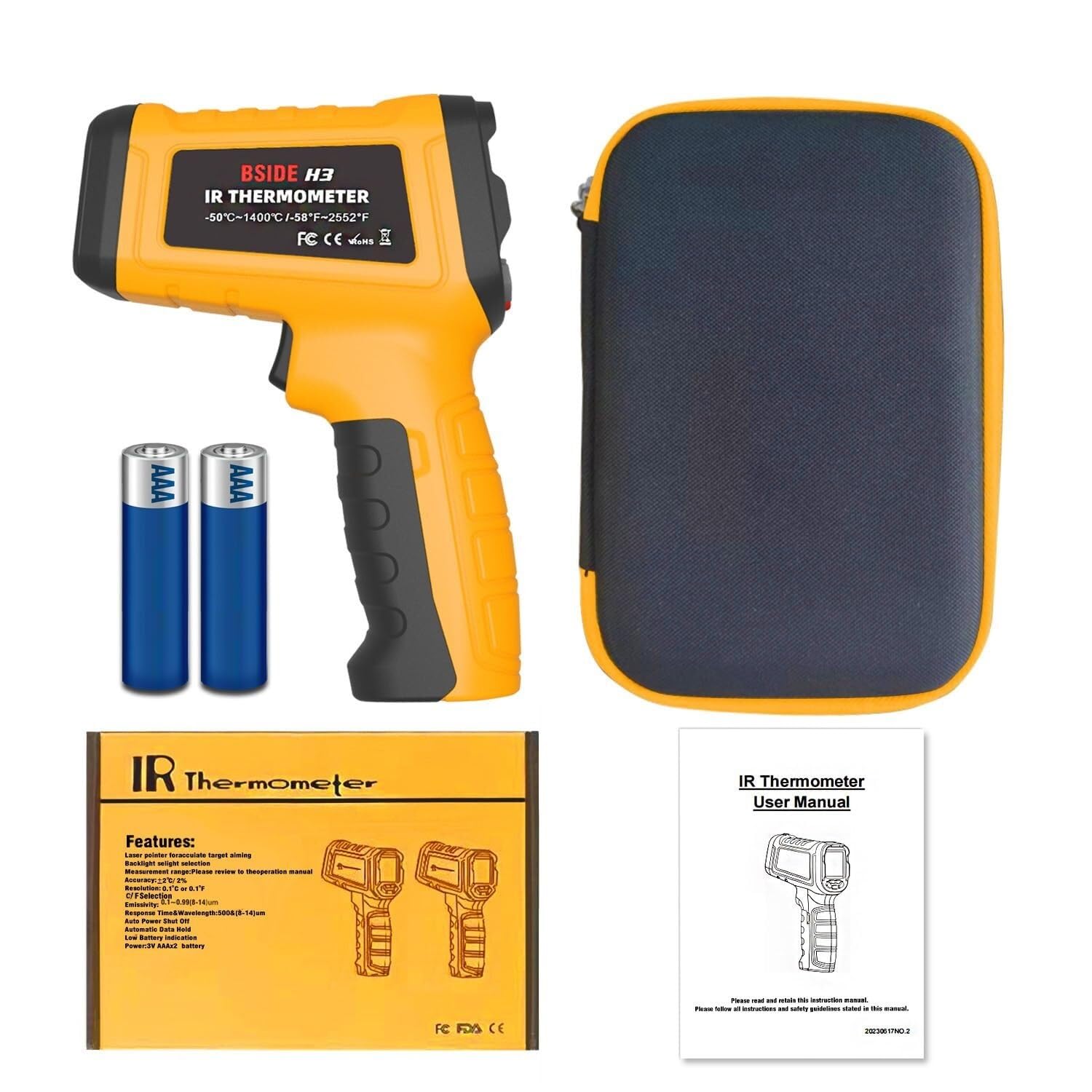 Termometr laserowy na podczerwień z pistoletem -58℉~2552℉(-50℃~1400℃) Przenośny cyfrowy 50:1 z kolorowym wyświetlaczem LCD, alarmowy pirometr do pieców przemysłowych