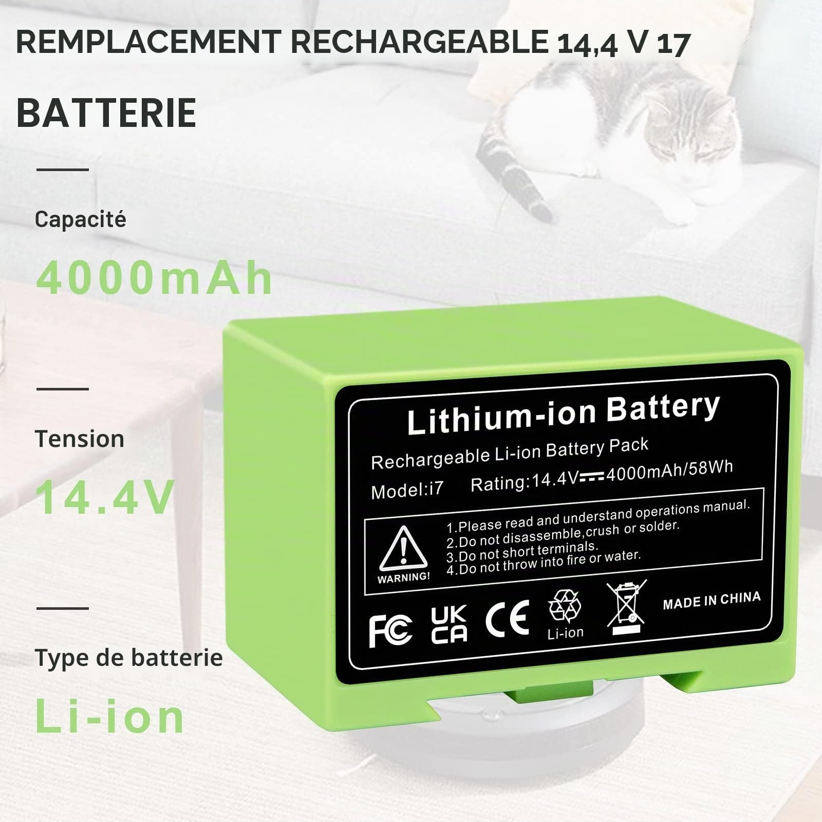 ASUNCELL Batterie Li-ion de rechange pour i7, 14,4 V, 4000 mAh, pour iRobot Roomba e et i série i7/i7+ i4/i4+ i3/i3+ e5 e6 i7158 i7550 i755020 7150 7550