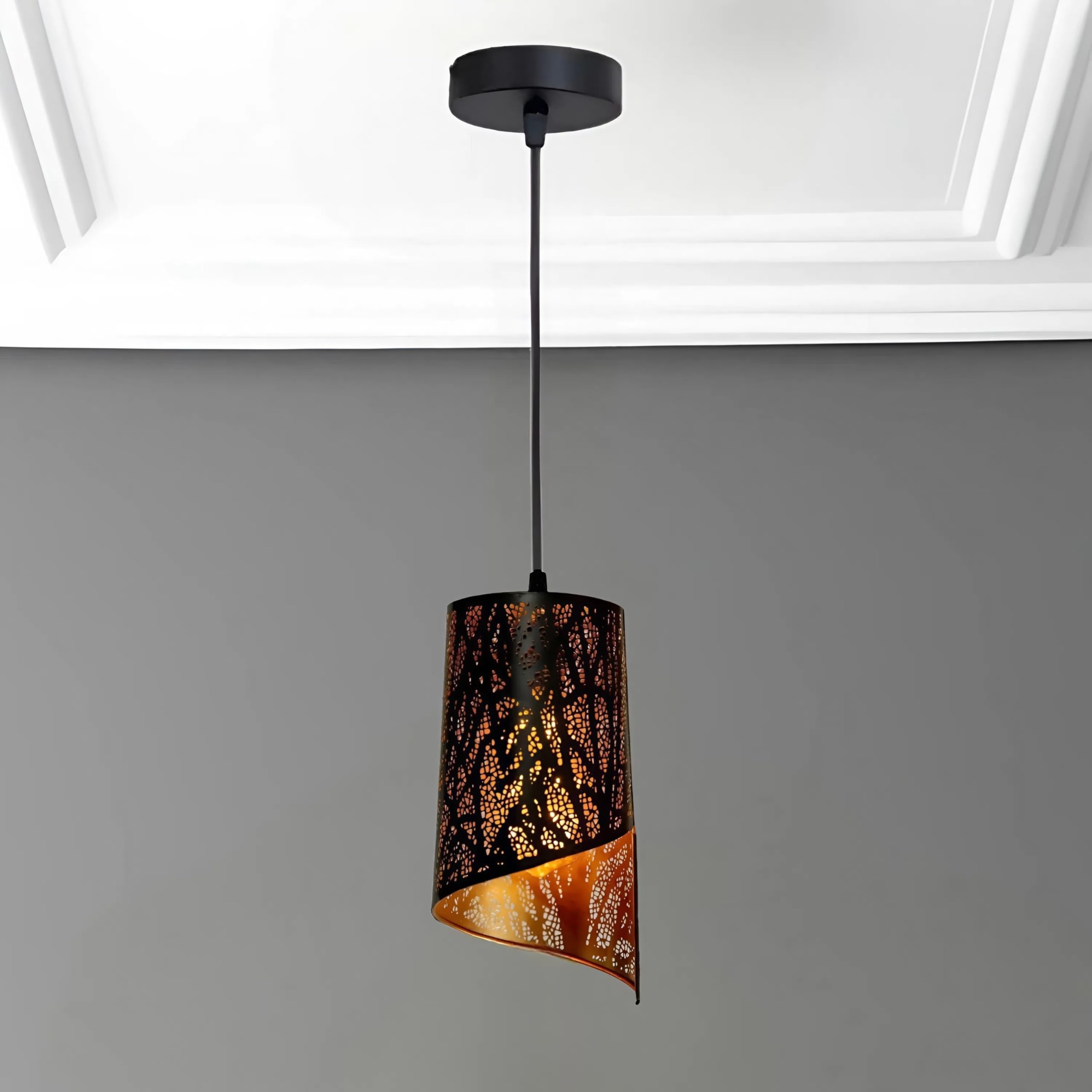 Black & Golden Metal Lezer Cutting Cylindrical Shape Pendant Lamp | Hanging Lamp for Living Room| Ceiling Lamp for Bedroom, Balcony, Restaurant, Kitchen, Home Decor(Bulb Not Included)-image-45