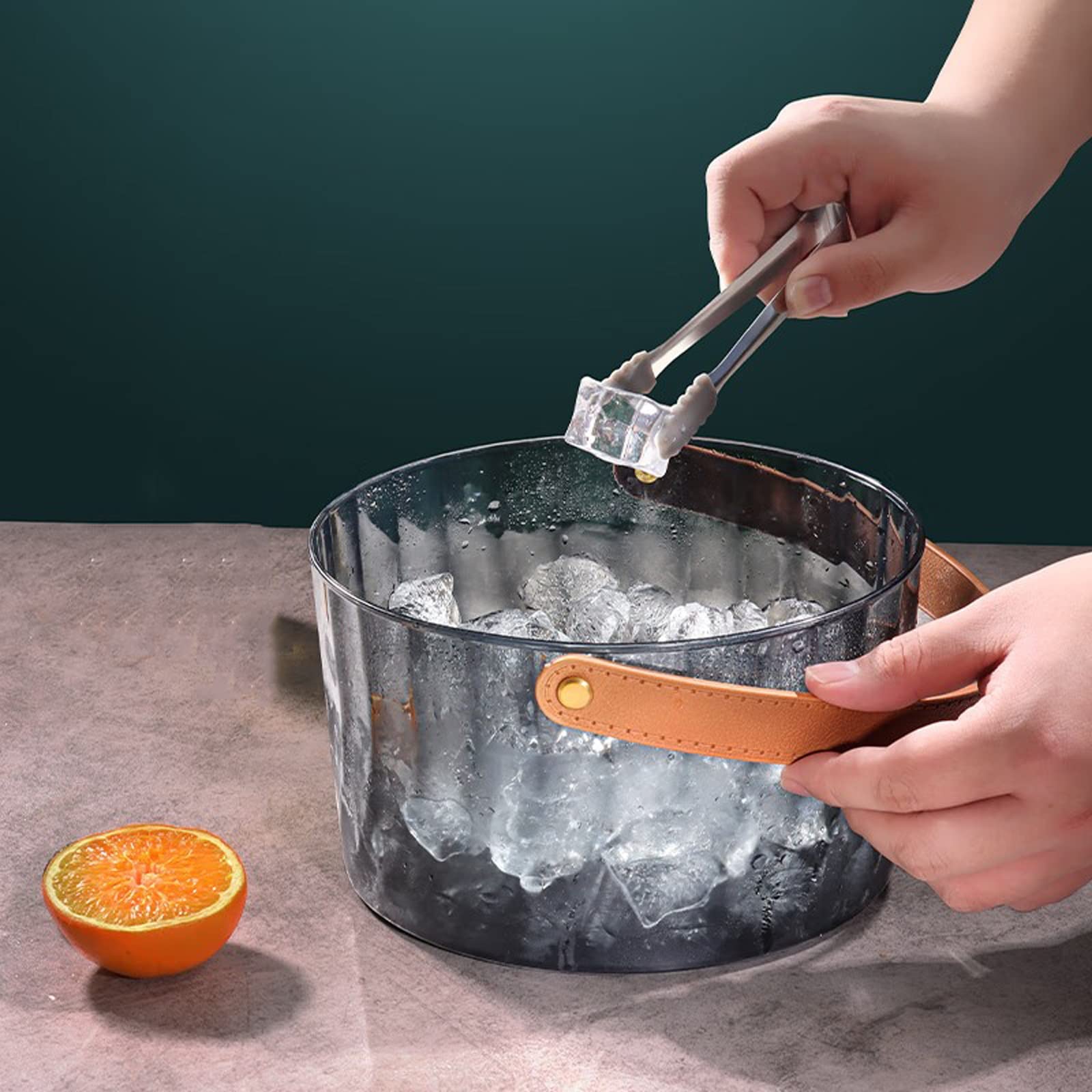 Fiesta Cubitera de acrílico gris con mango cuero marrón, 3 litros, moderna, lujosa, grande, portátil, cómoda, asa transporte, ideal for bar en casa, cerveza fría y champán Recipiente para bebidas
