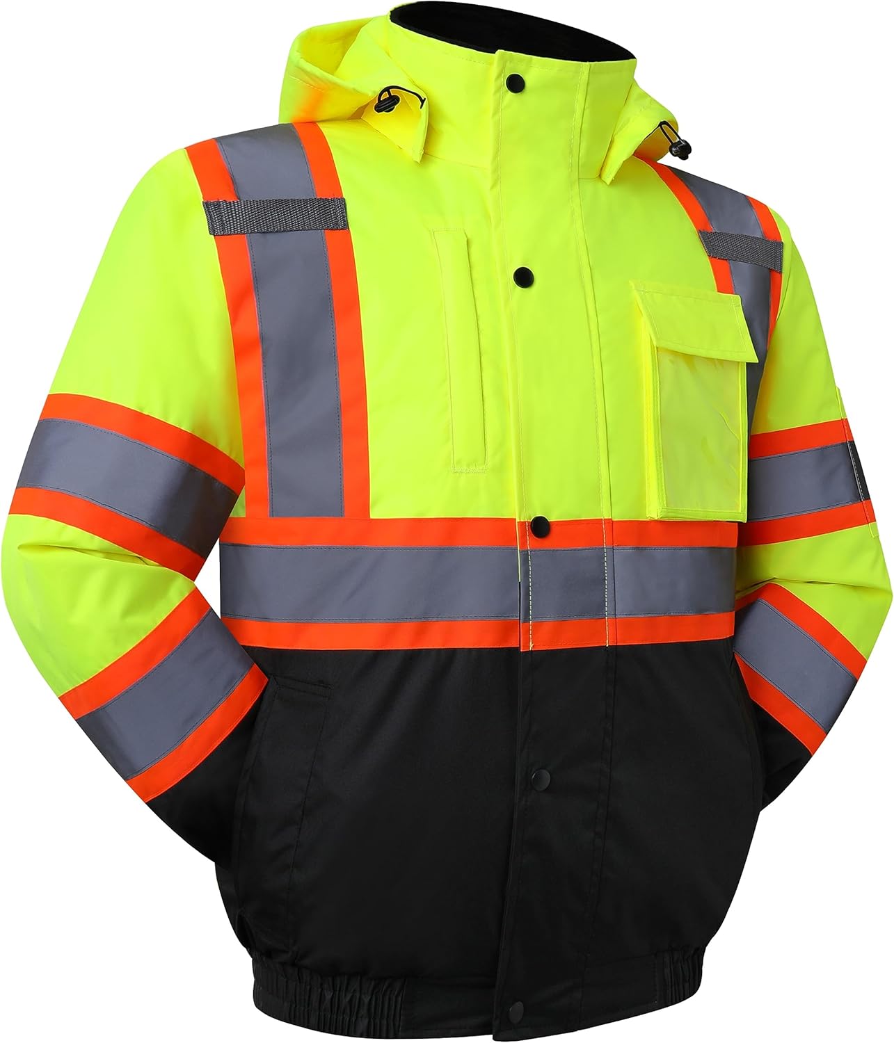 JKSafety Hi-Vis Winter Safety Bomber Jacket for men and women | Winter Safety Jacket Durable and Waterproof | Construction Work Jacket for Winter | Cold Weather PPE | ANSI Compliant (116-Black L)