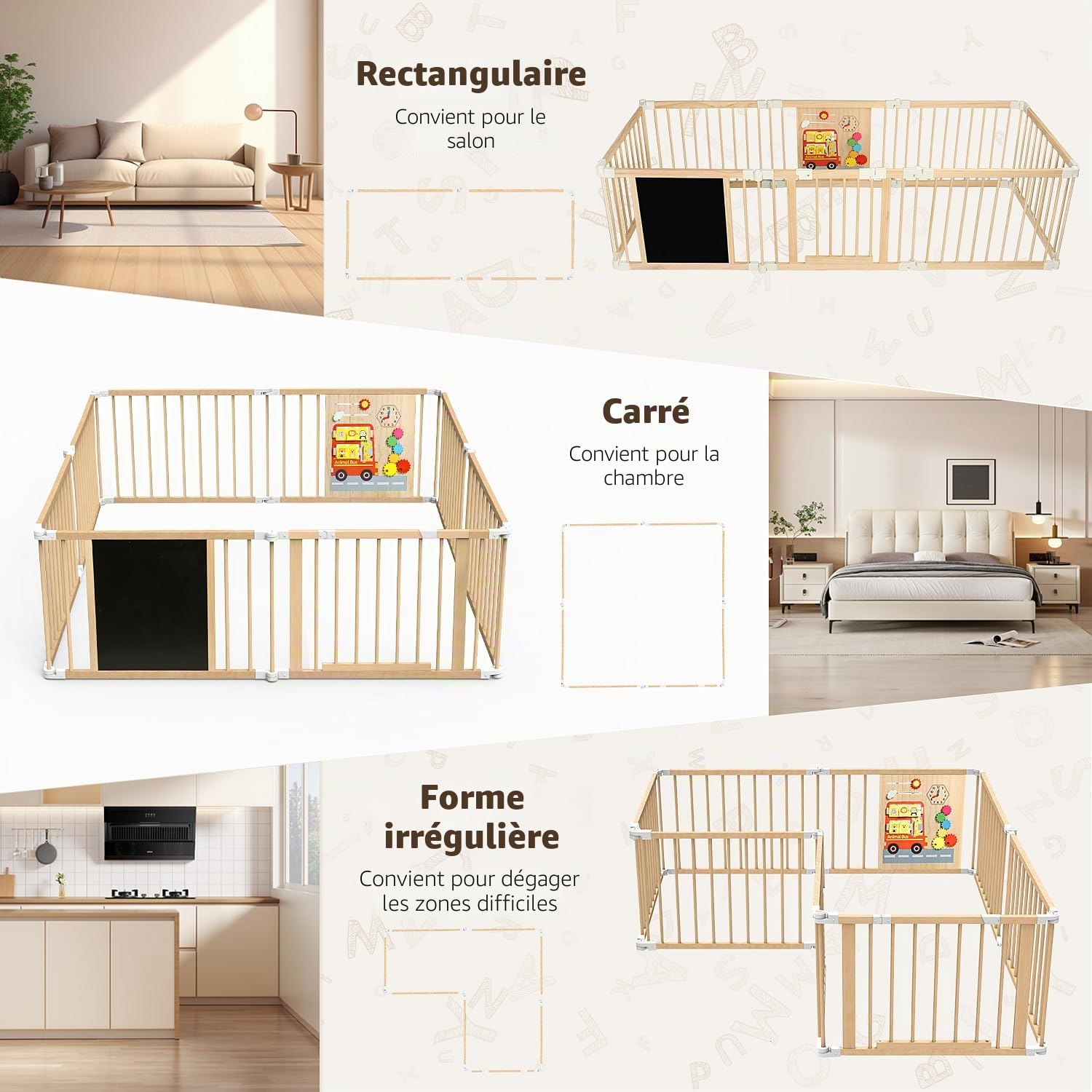 Parc Bébé Bois, Grand Parc Bebe Pliable avec Porte, Déformable Parc pour Enfants, Portable, Réglable Taille&Forme, Tableau Noir, Montessori Plateau de Jeu, Sûr Centre d'Activités pour Enfants