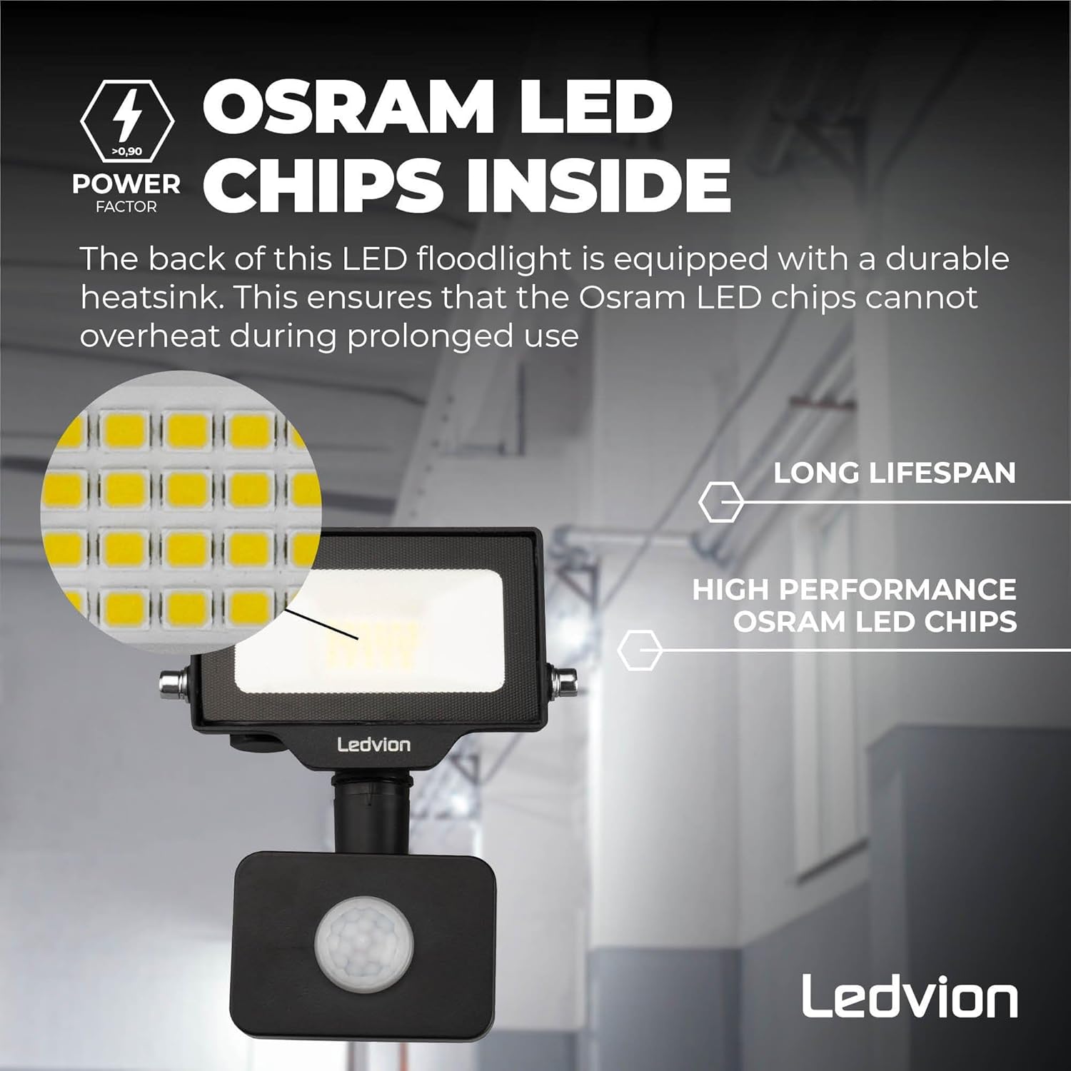 Close-up of Ledvion LED Floodlight showing OSRAM LED chips and heatsink