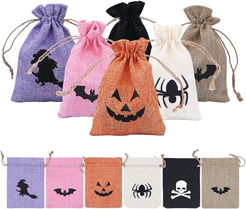 24 bolsas de regalo de arpillera de Halloween, bolsas de regalo con cordón, araña, murciélago, calavera, calabaza, bolsas de dulces para niños,