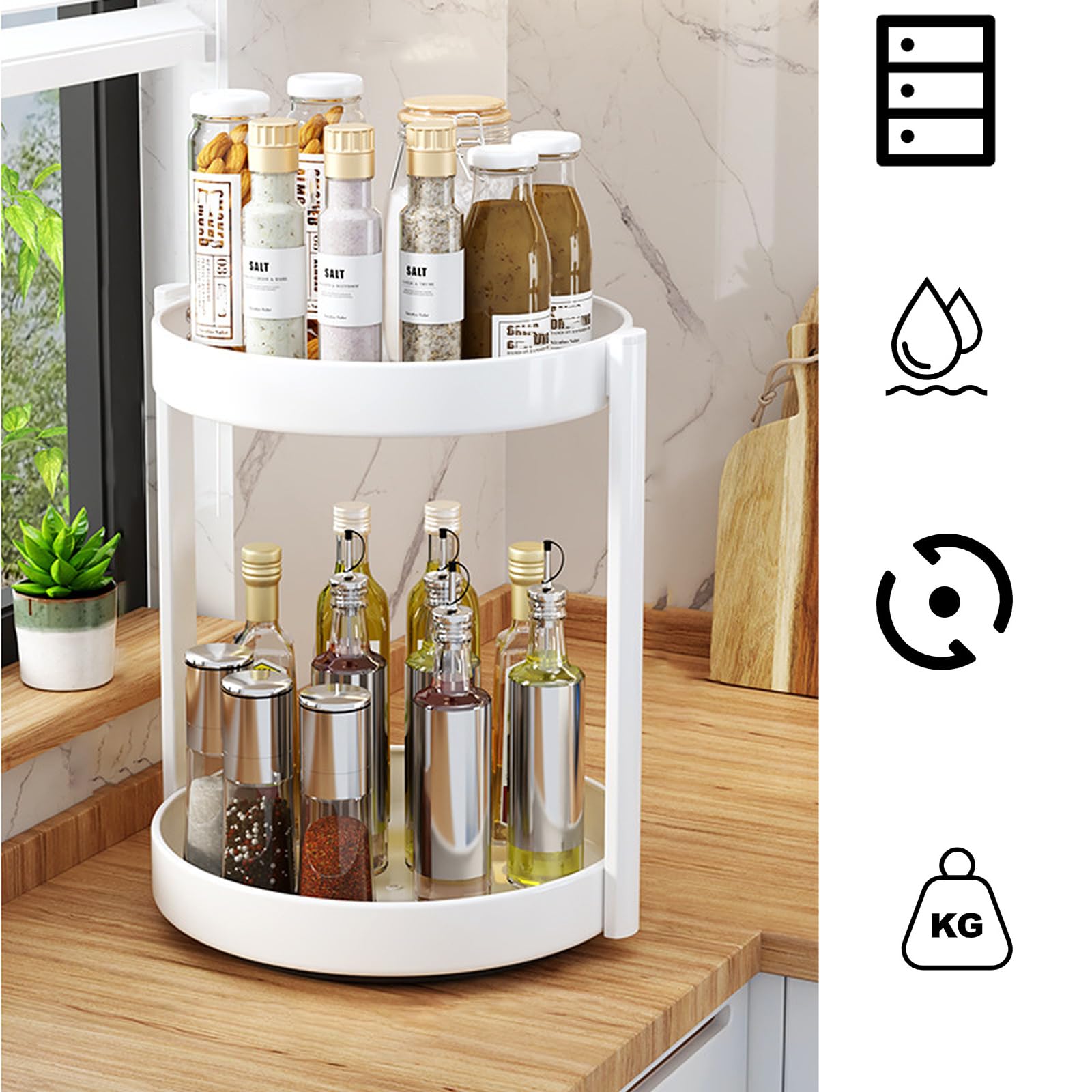 JOUING Lazy Susan Turntable Rotating Spice Rack 2 Tier Kitchen Storage Cupboard Organiser Metal Removing Spice Racks for Cabinet Pantry,Table,Bathroom(White - Image 2