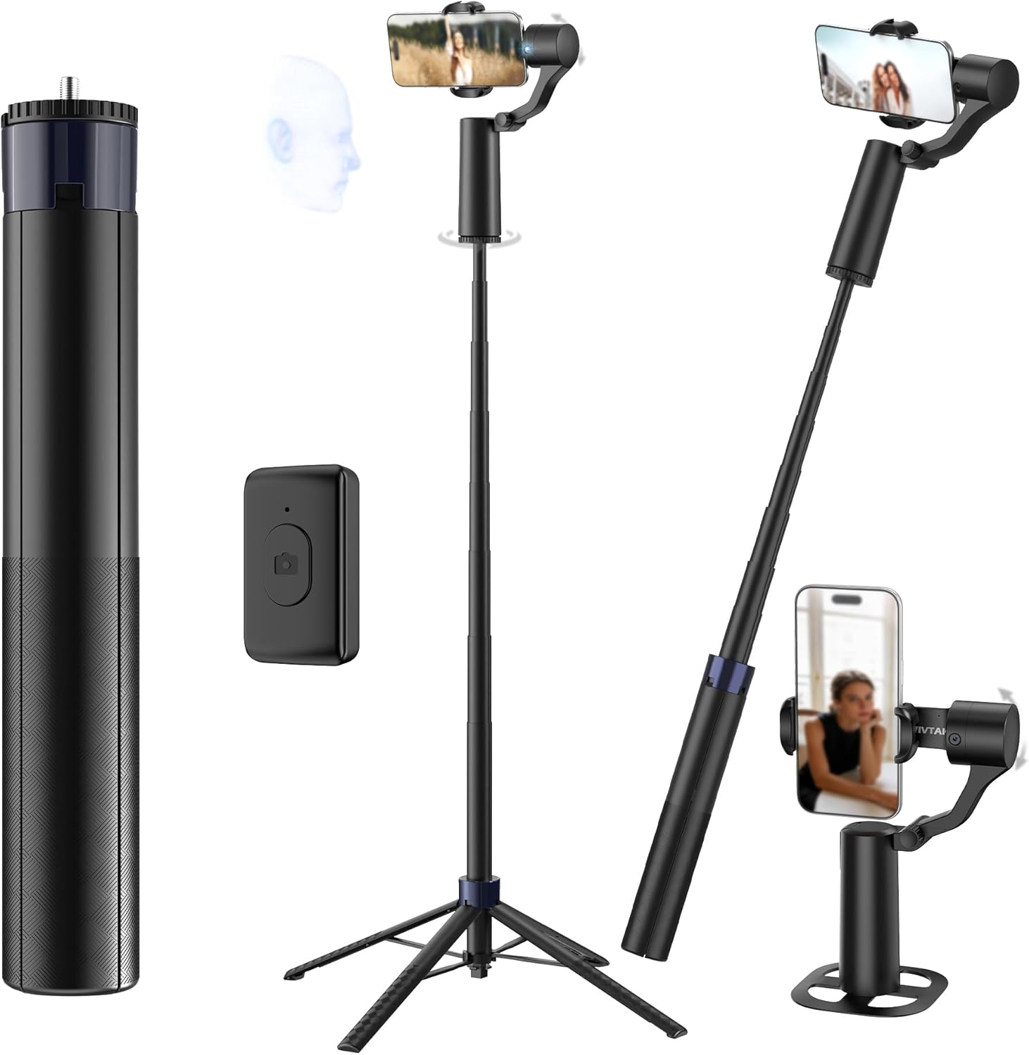 70in Dual Axis Auto Face Tracking Tripod, 360° Horizontal & 130° Vertical Rotatable Selfie Stick for iPhone, Android, Modular Selfie Stick Tripod with Base, Remote & Gesture Control