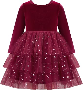 Toddler Girls Velvet Dress Fall Winter Clothes Long Sleeve Sequin Tulle Tutu Twirl Party Dresses for Baby Girls