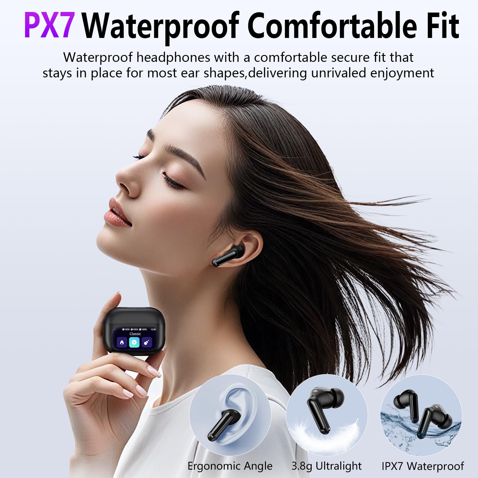 Touchscreen Bluetooth Kopfhörer, 2026 In Ear Kopfhörer Kabellos Bluetooth 5.4 mit ANC+ENC Noise Cancelling Mic, 48Std Spielzeit Tiefer Bass Earbud mit 5 EQ-Modi, IP7 Wasserdicht Ohrhörer Tiefschwarz