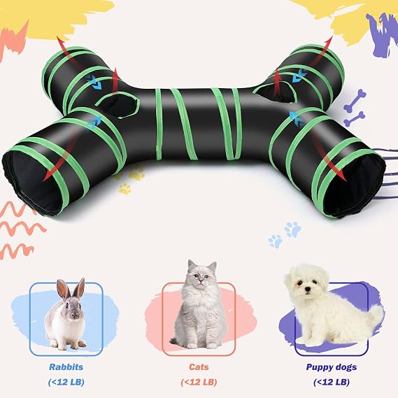 Cat Tunnel, 4 Way Collapsible Cat Tubes Interactive Kitty Tunnel Toy with Storage Bag