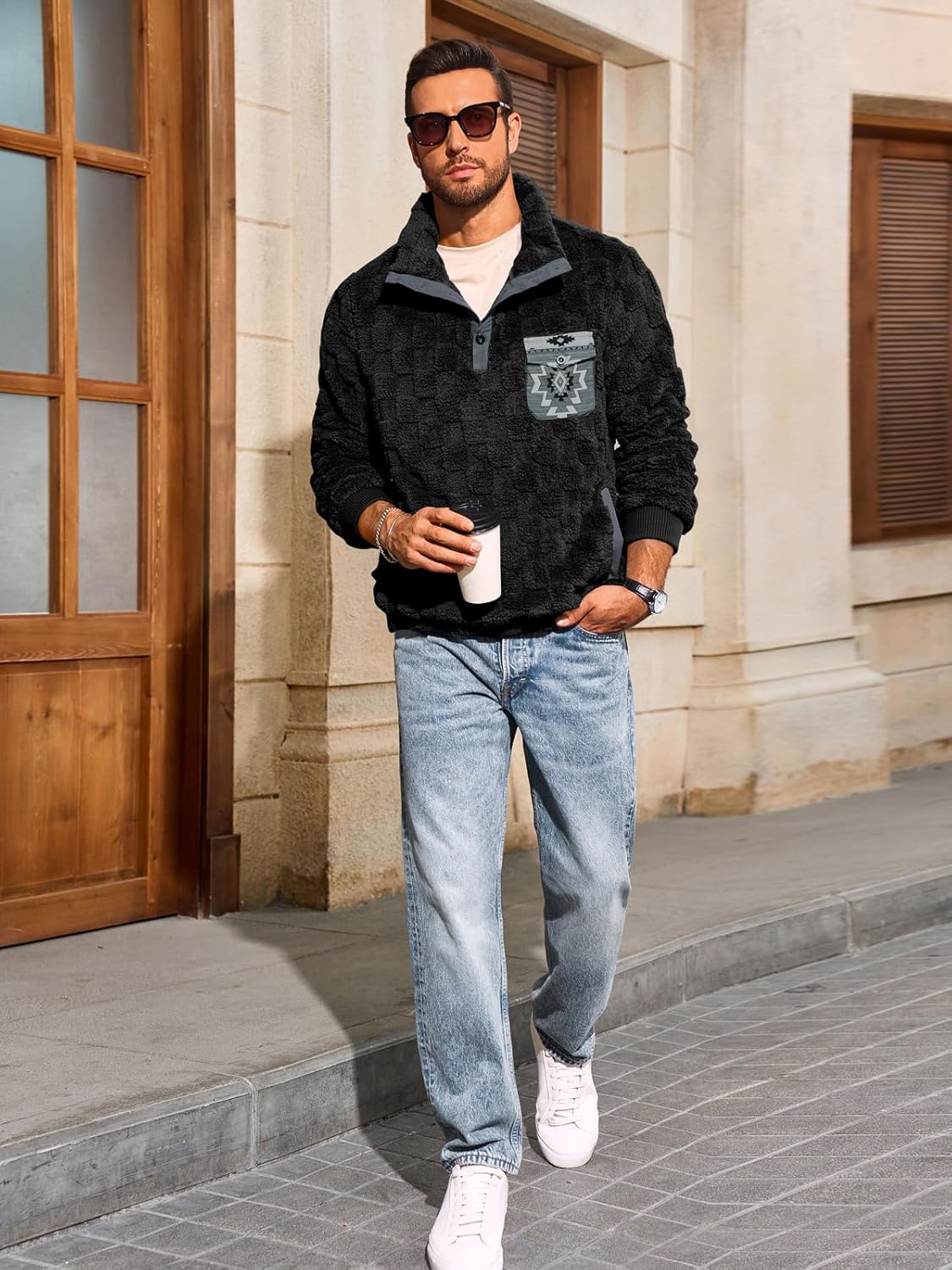 Yousify Mens Fuzzy Sherpa Sweatshirt Flannel Fleece Pullover Jacket Casual Quarter Button Aztec Coat Western Sweaters - Image 5