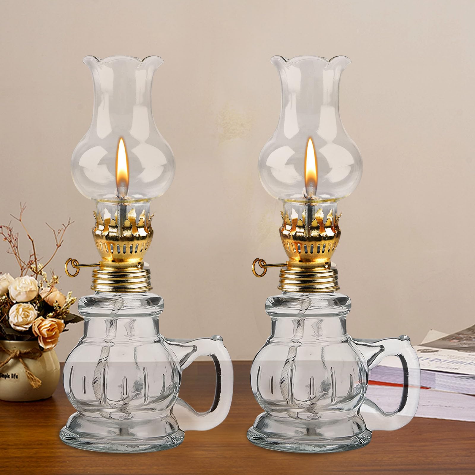 Lampada a Olio per Interni, 2 Pezzi Lampada a Olio di Vetro Trasparente Luminosità Regolabile Retrò Nostalgica, Lampada a Olio Decorativa Antivento per Soggiorno Sala da Pranzo Uso di Emergenza
