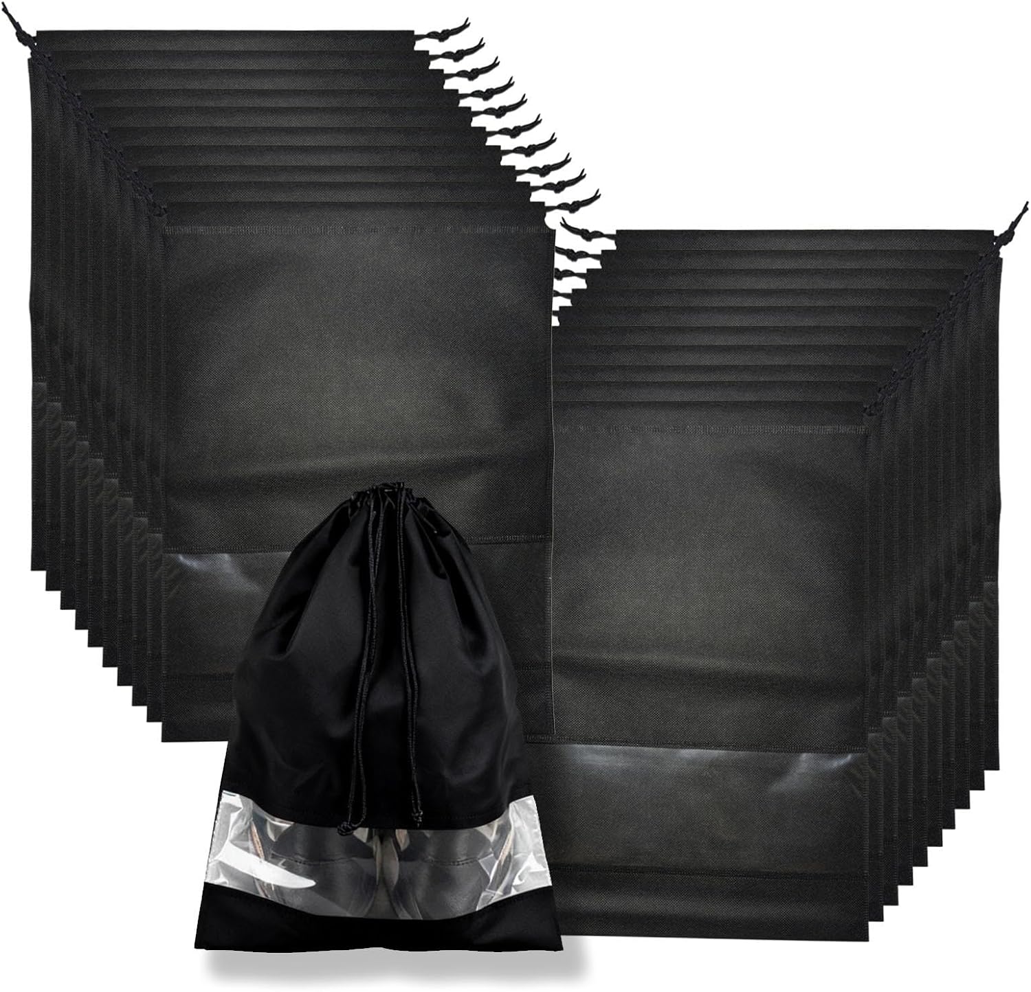 20 Pack Shoe Bags for Travel, 17" x 12.6" Drawstring Shoe Organizers with Clear Window, Breathable Non-Woven Dustproof Pouches for Luggage & Closet (Black)