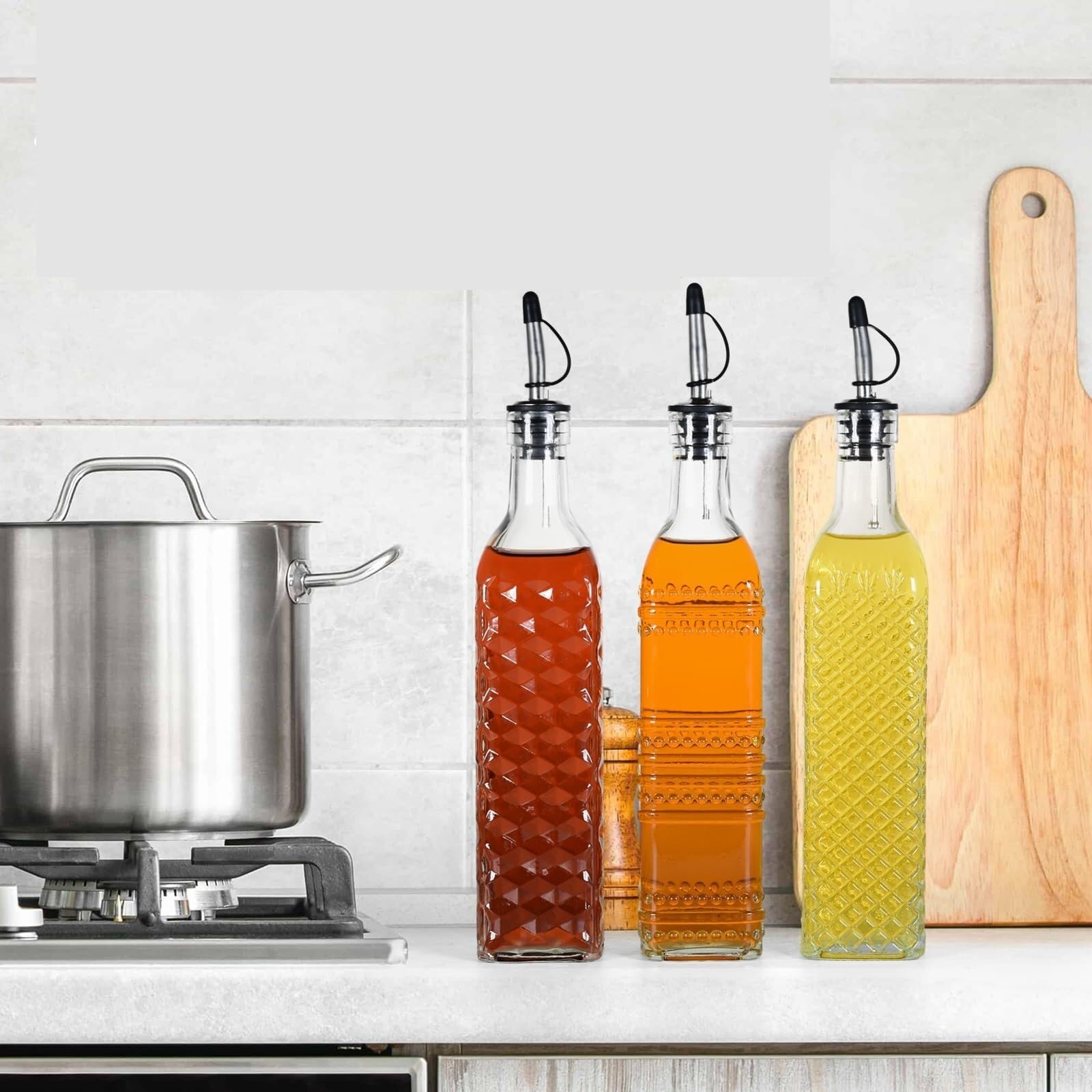 Juego de dispensador automático de vinagre de aceite, 3 botellas de condimento de cocina con función de apertura y cierre fácil, perfecto para cocinar y aderezar, ollas de aceite y vinagre