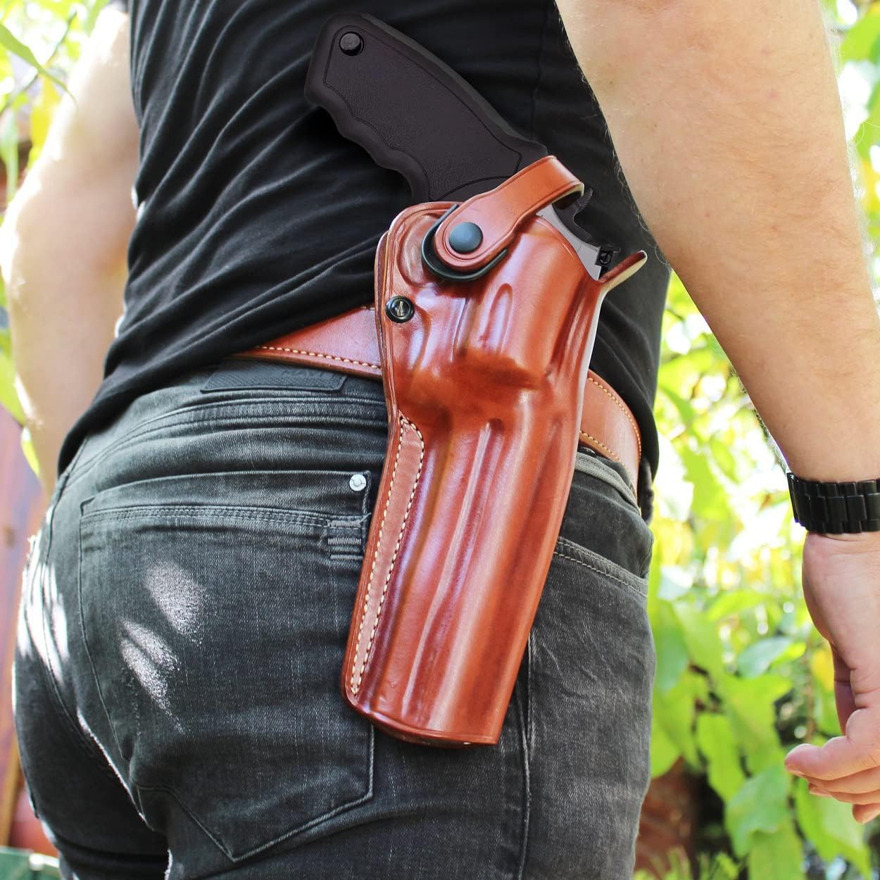 Premium Leather Three Slots Belt Holster with Retention Strap Fits Raging Hunter 44 Magnum 454 Casull 5.12-inch, Right Hand Draw, Brown Color #1575#