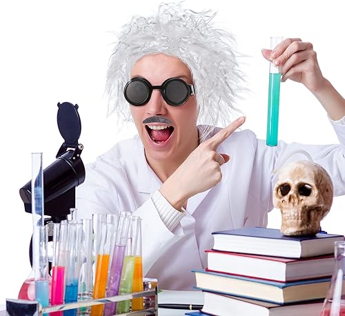 Miniatura 7 de SATINIOR Disfraz de científico loco de 6 piezas para adulto, abrigo de laboratorio marrón, disfraz de Back to the Future Man peluca, gafas de