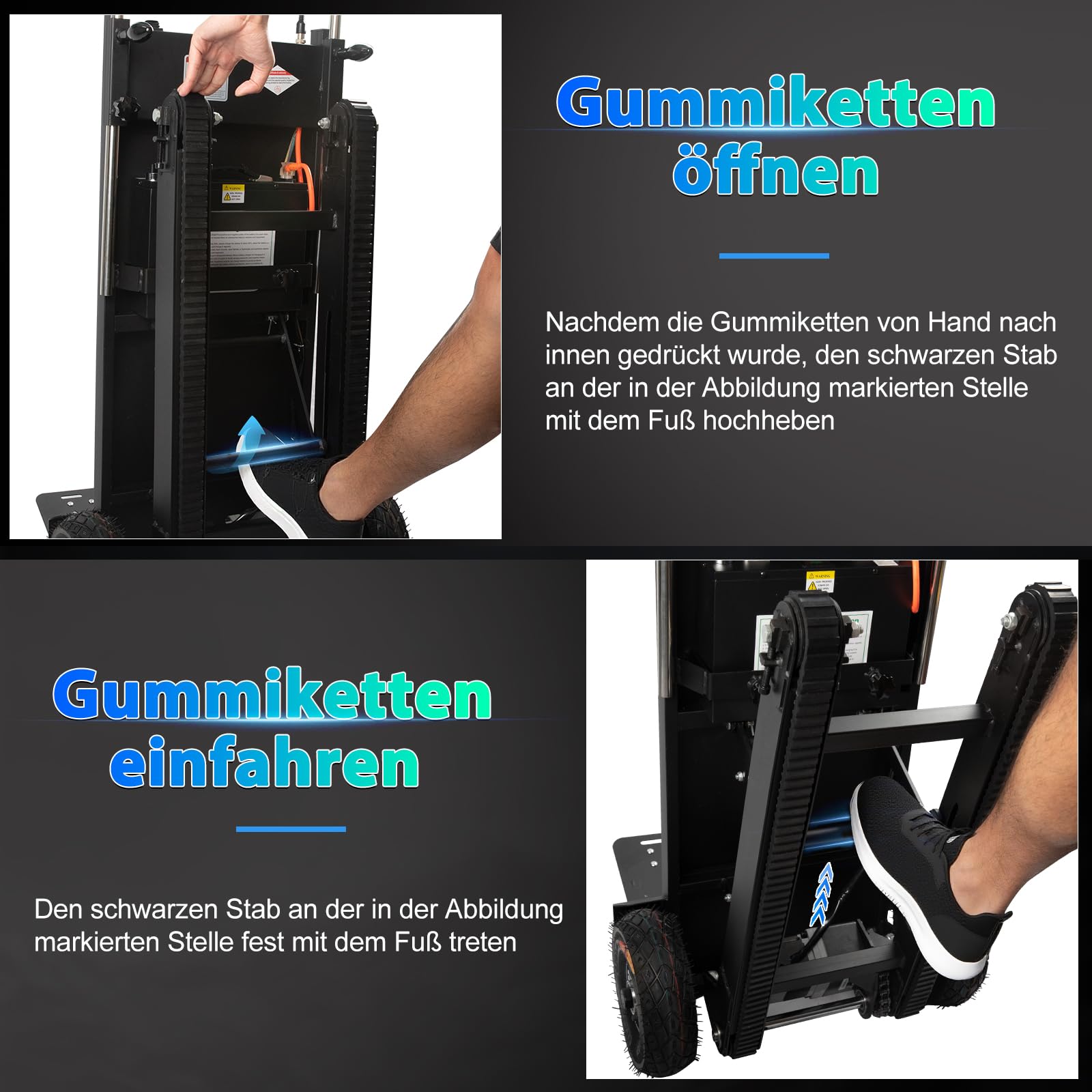 1250W Elektrische Sackkarre mit Gummiketten, Elektrischer Treppensteiger 408kg Tragkraft, Treppen & Abstiege BewäLtigen, Treppensteiger mit Sicherheitsseil & Luftpumpe für Möbeltransportieren Schwarz
