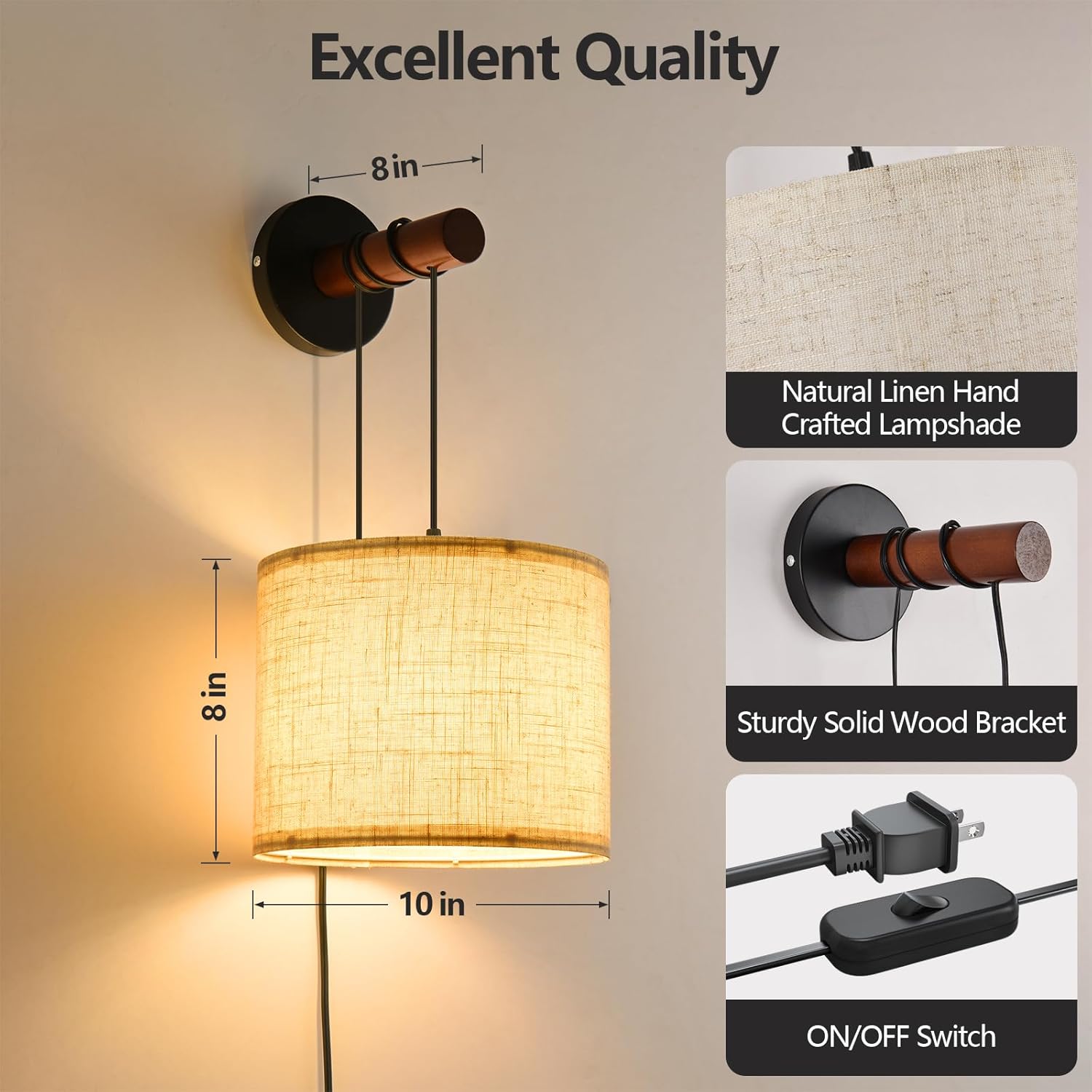 Wall Sconces Set of Two, Plug in Wall Sconces, Fabric Shade Wall Lights with 3 Color Temperature,Farmhouse Wall Lamps for Bedroom Living Room Hallway(2 Pack)