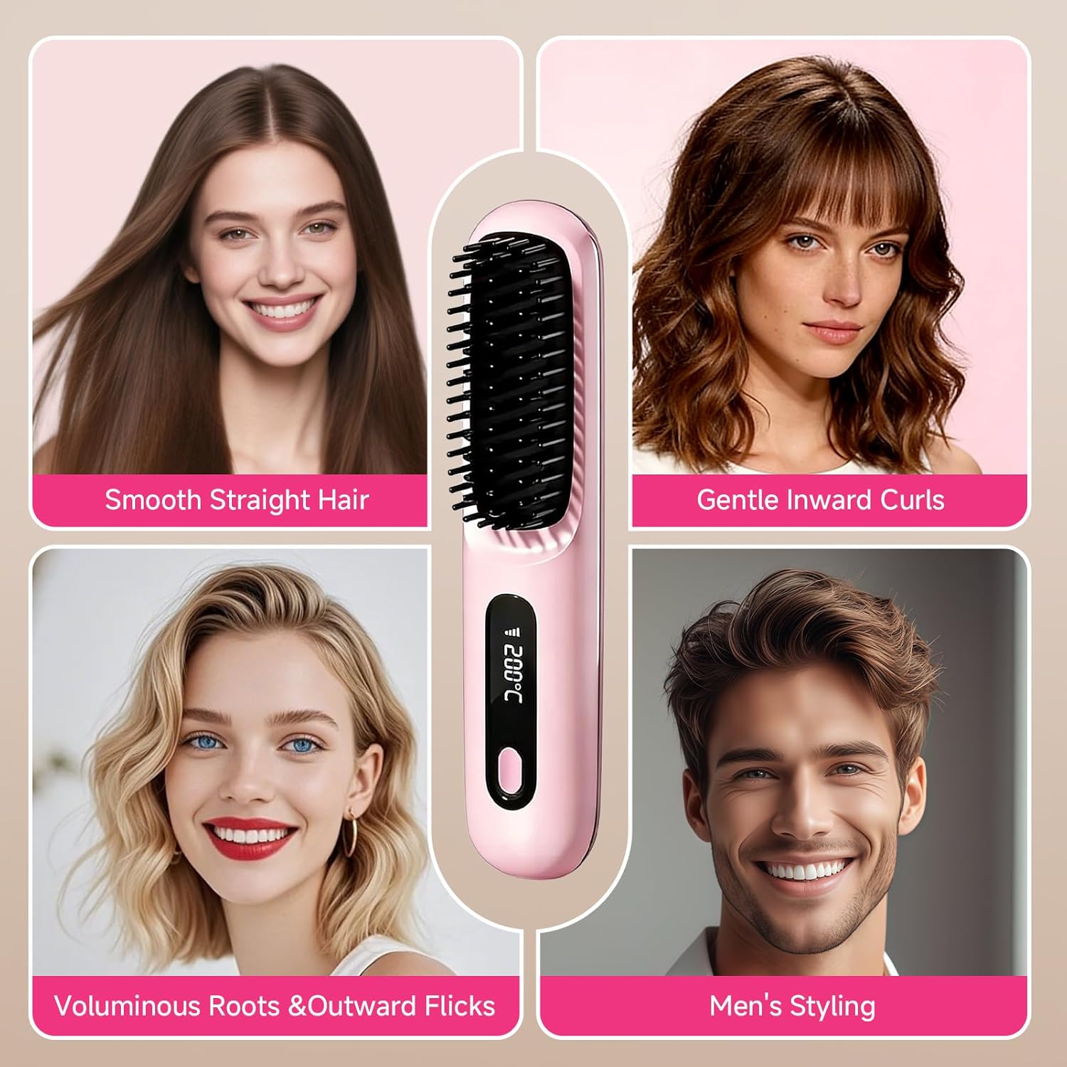 Go Brush Pro Cordless Straightening Comb, Mini Portable Heated Smoothing Comb, Quick-Heating Hot Air Comb, 3 Temperature Settings, USB-C Charging, Travel Hair Styling Tool (Pink)