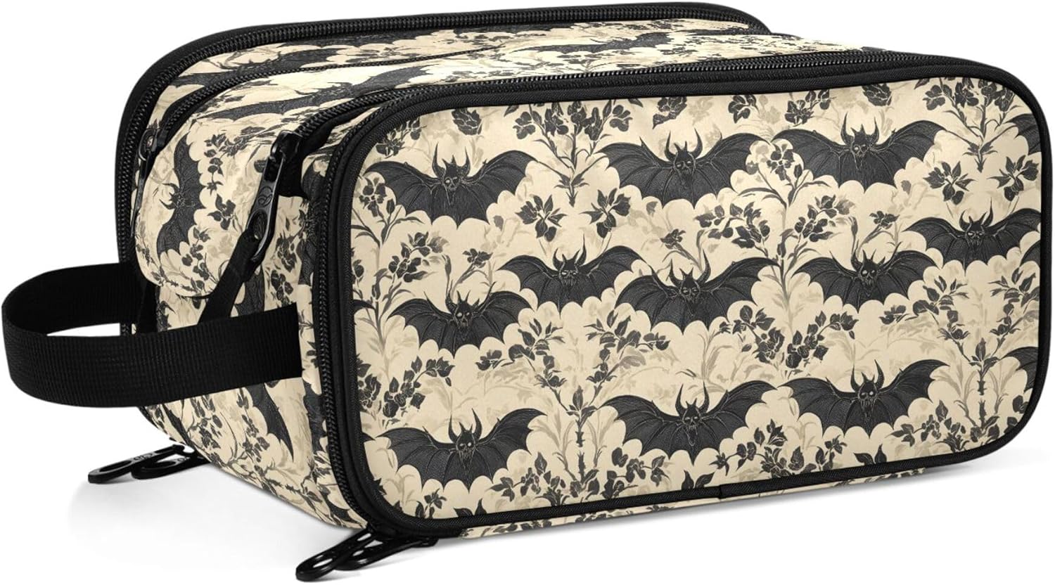 MNSRUU Large Capacity Makeup Bag, Bats and Flowers Vintage Cosmetic Bag Portable Toiletries Pouch with Compartments Makeup Organizer Case for Travel Women