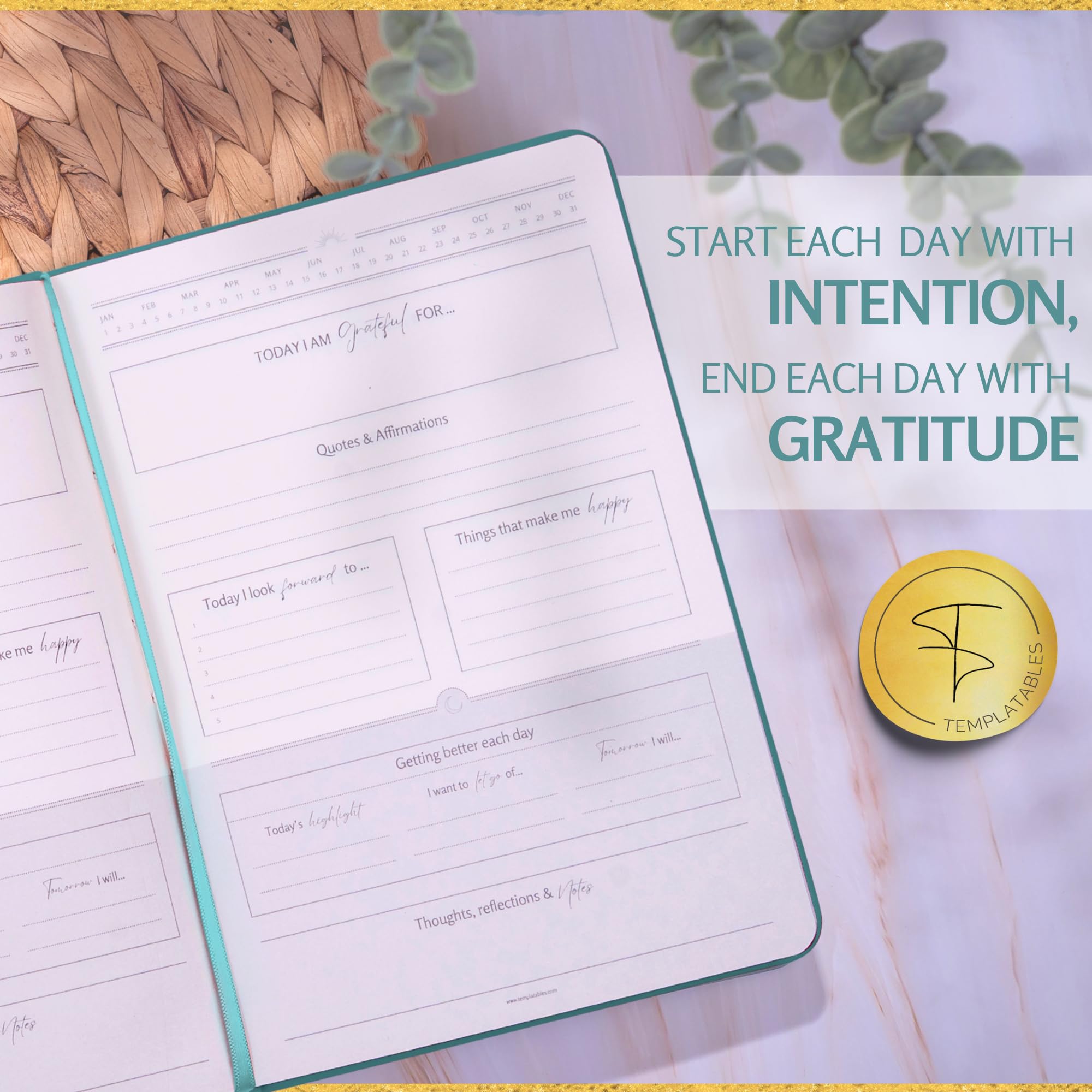 Gratitude Journal Daily Mindfulness & Self-Care Notebook with Premium Leather Cover, Guided Prompts, 170gsm Paper, Gold Foiling, Satin Ribbon & Luxury Gift Box for Women & Men (Teal Blue) - Image 4