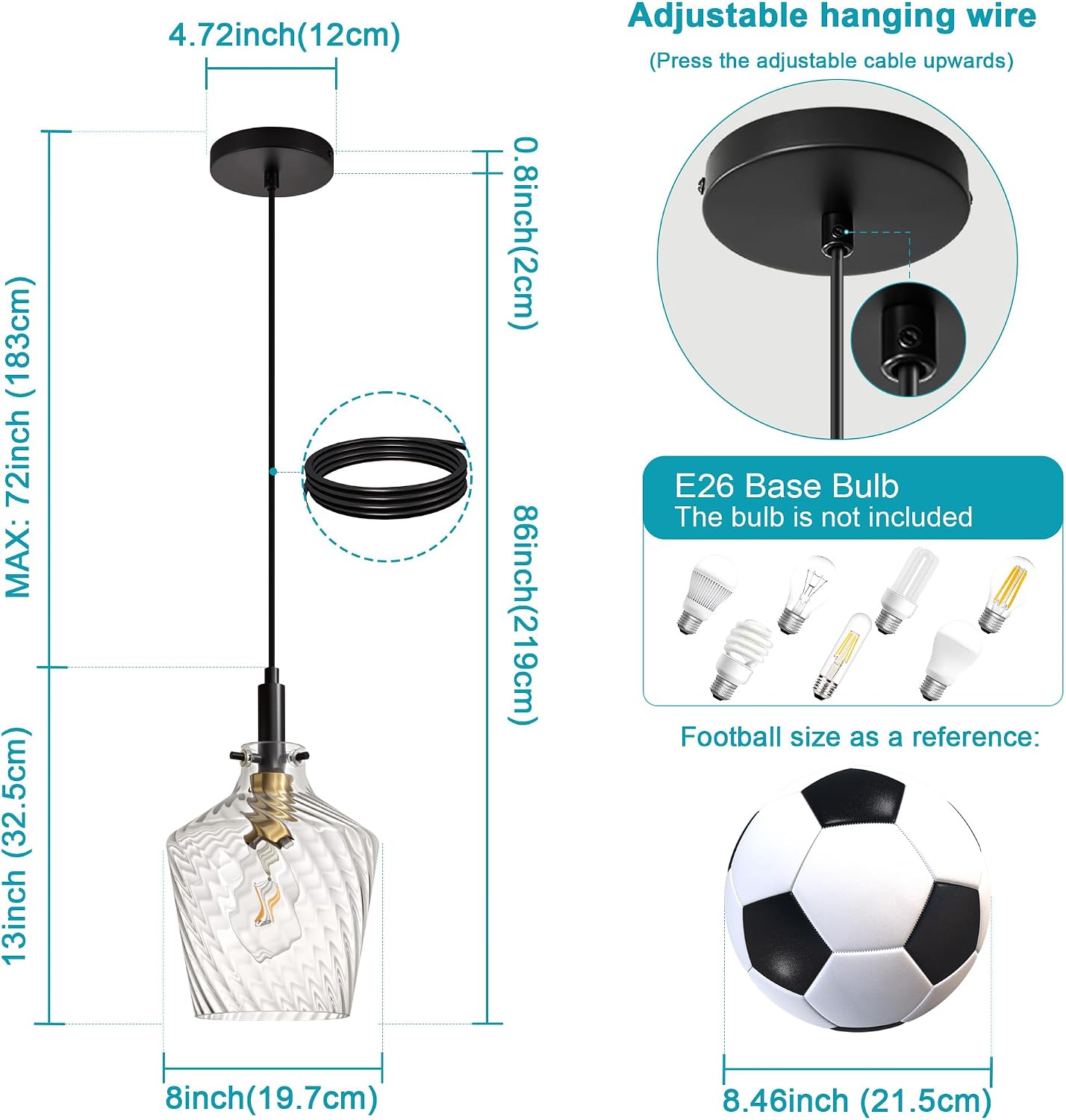 Stripes Clear Glass Pendant Light for Kitchen Island Black Gold 8 Inch image 4