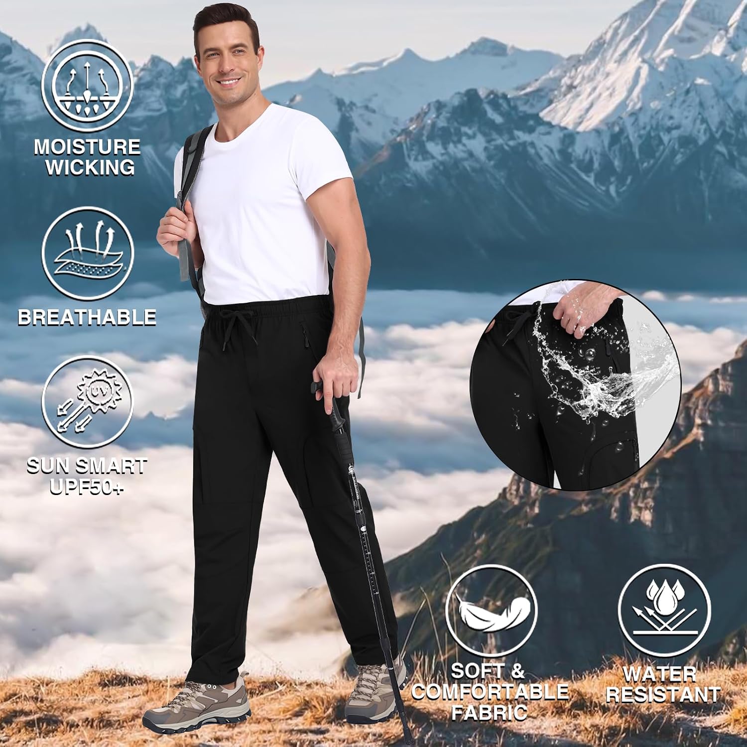 Men's Lightweight Hiking Pants with 5-Pocket Design Breathable Water-Resistant Quick Dry