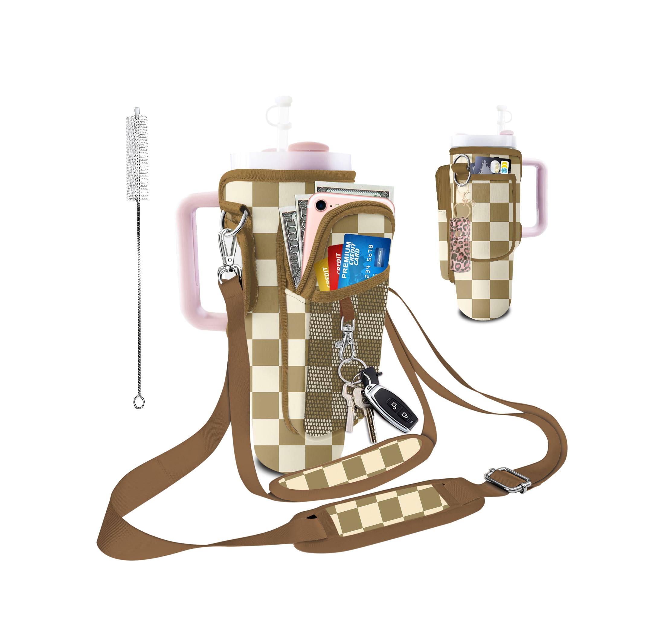 bolimoss Water Bottle Carrier Bag for Stanley 40 oz Tumbler Accessories Holder with Adjustable Strap & Phone Pocket for Bottles Checkered Plaid Neoprene Stanley Cup Accessories for Walking