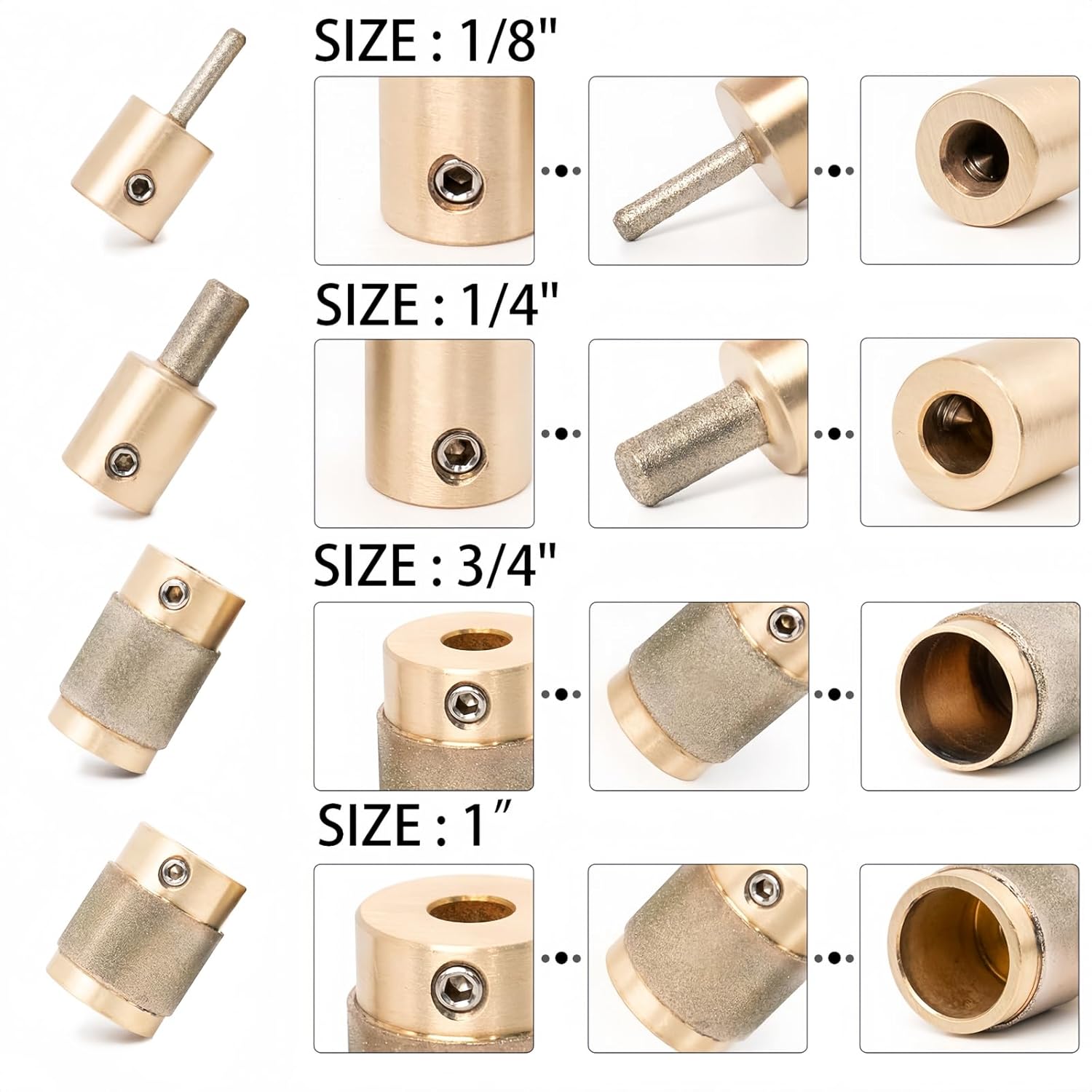 Stained Glass Grinder Bits,1 3/4 1/4 1/8 Inch Diamond Grind Bit for Glass Grinder Machine,Brass Core (4 Sizes+Sponge+Fuse)