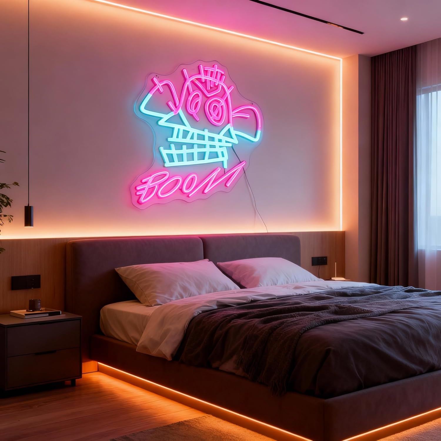 "BOOM!" Neon Sign with Cyberpunk Girl Art – 13.8"x12.2" Pink & Blue LED Wall Decor – Graffiti Style Light for Gaming Room, Bedroom & Street Art Space