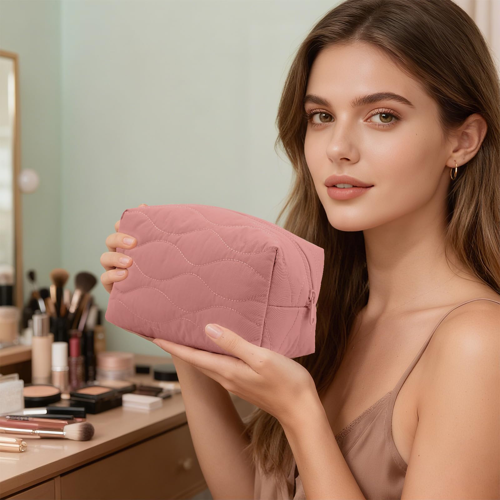 Cosmetic Bag with Zipper Puffy Padded Makeup Organizer for Handbag Travel Small Pouch Purse for Women Girls Waterproof Portable Dark Pink - Image 4